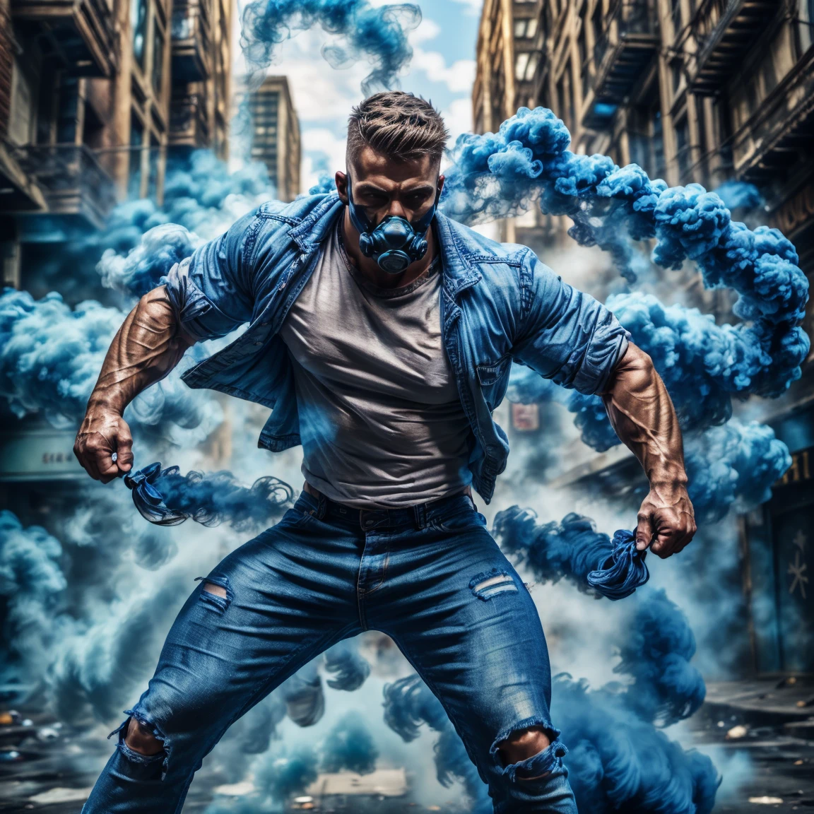 realistic, ((masterpiece)), ((best quality)), (detailed), cinematic, dynamic lighting, soft shadow, detailed background, professional photography, depth of field, intricate, detailed face, subsurface scattering, realistic hair, realistic eyes, muscular, manly, photo of a handsome japanese man, blue-smoke, (swirling smoke everywhere), dynamic pose, fighting stance, punk jacket, torn clothes, t-shirt, ripped jeans, gas mask, messy hair, outdoors, urban, city, street, post-apocalypse,