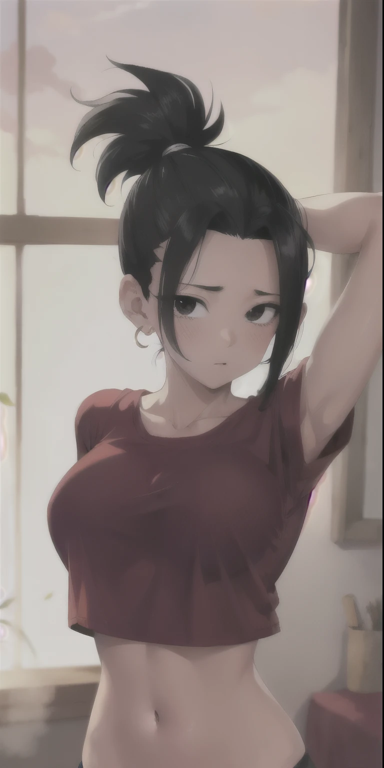 artwork, best quality, Kale, black eyes, ponytail, top cut, armband, thong, torso, standing, looking at viewer, nervous, in a bedroom ,bathed in the golden light of the setting sun, close up , black hair, shy look,heat, in love, looking at the viewer,(clear skin),blush,(big tits),crop top, red shirt ,(arms behind head)