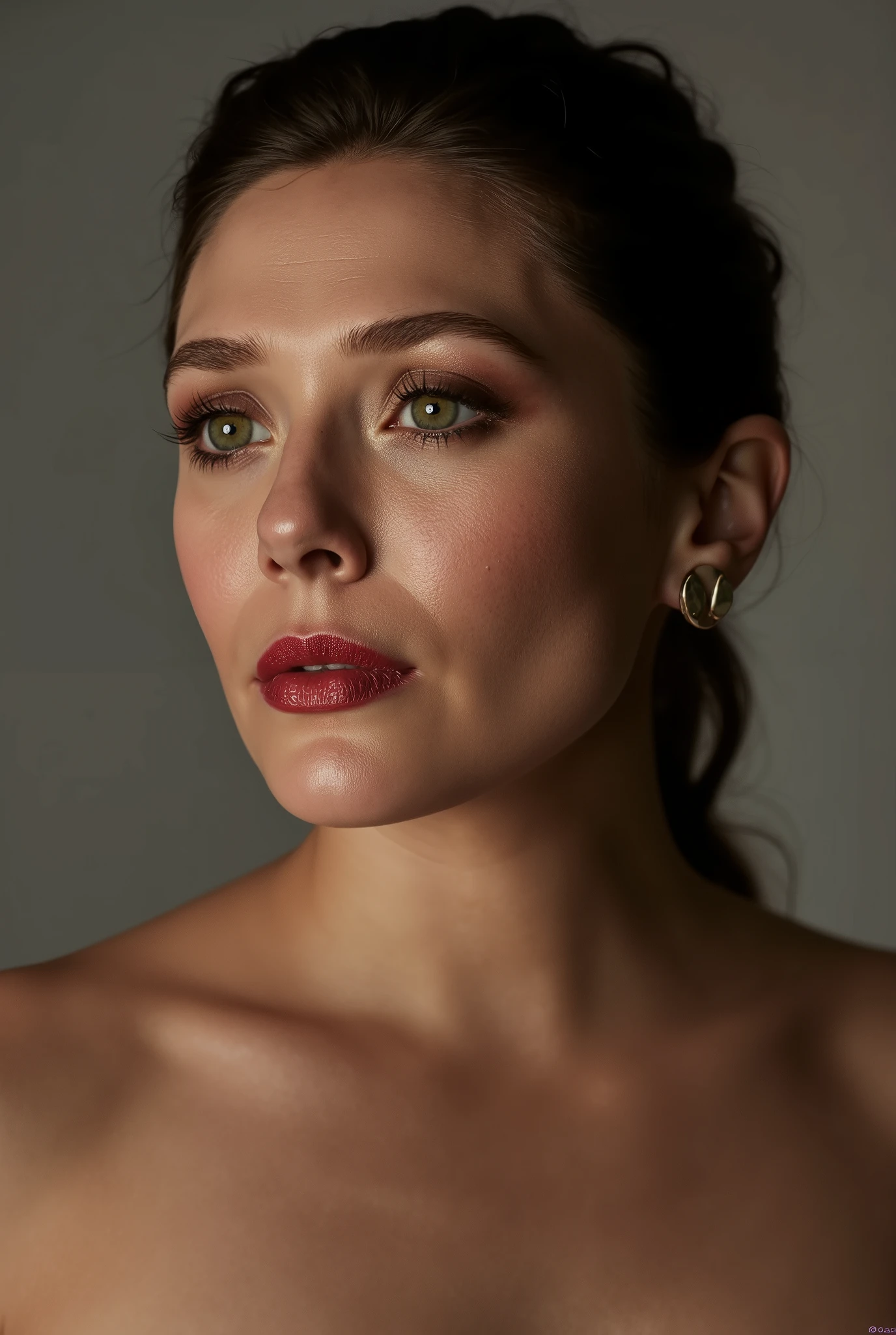 Topless, red lips, cat eyes makeup
