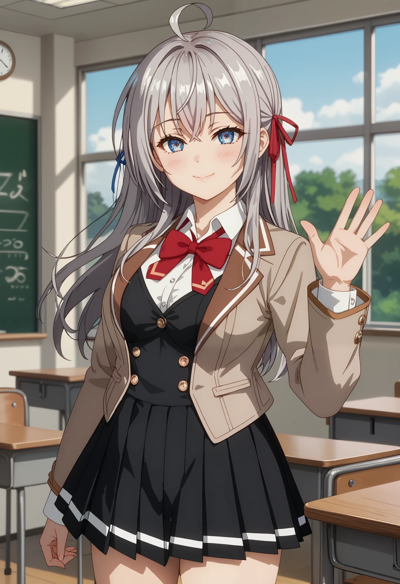 score_9, score_8_up, score_7_up, anime screencap, source_anime, upper body, 1girl, BREAK, 1girl,
long hair, gray hair, ahoge, crossed bangs, blue eyes, hair ribbon, red ribbon, white complexion pale skin, AlyaSchool, short jacket, open jacket, brown jacket, red bow tie, white shirt, black vest, buttons, sleeves long, pleated skirt, black skirt, white thighs,
thigh gap, (black thighs: 1.2), waving, mouth closed, slight smile, slight blush, looking at viewer, standing, dutch angle, classroom, indoors, blurred background, detailed close-up, extremely detailed eyes, (Beautiful breasts and large: 1.2), natural breasts,
