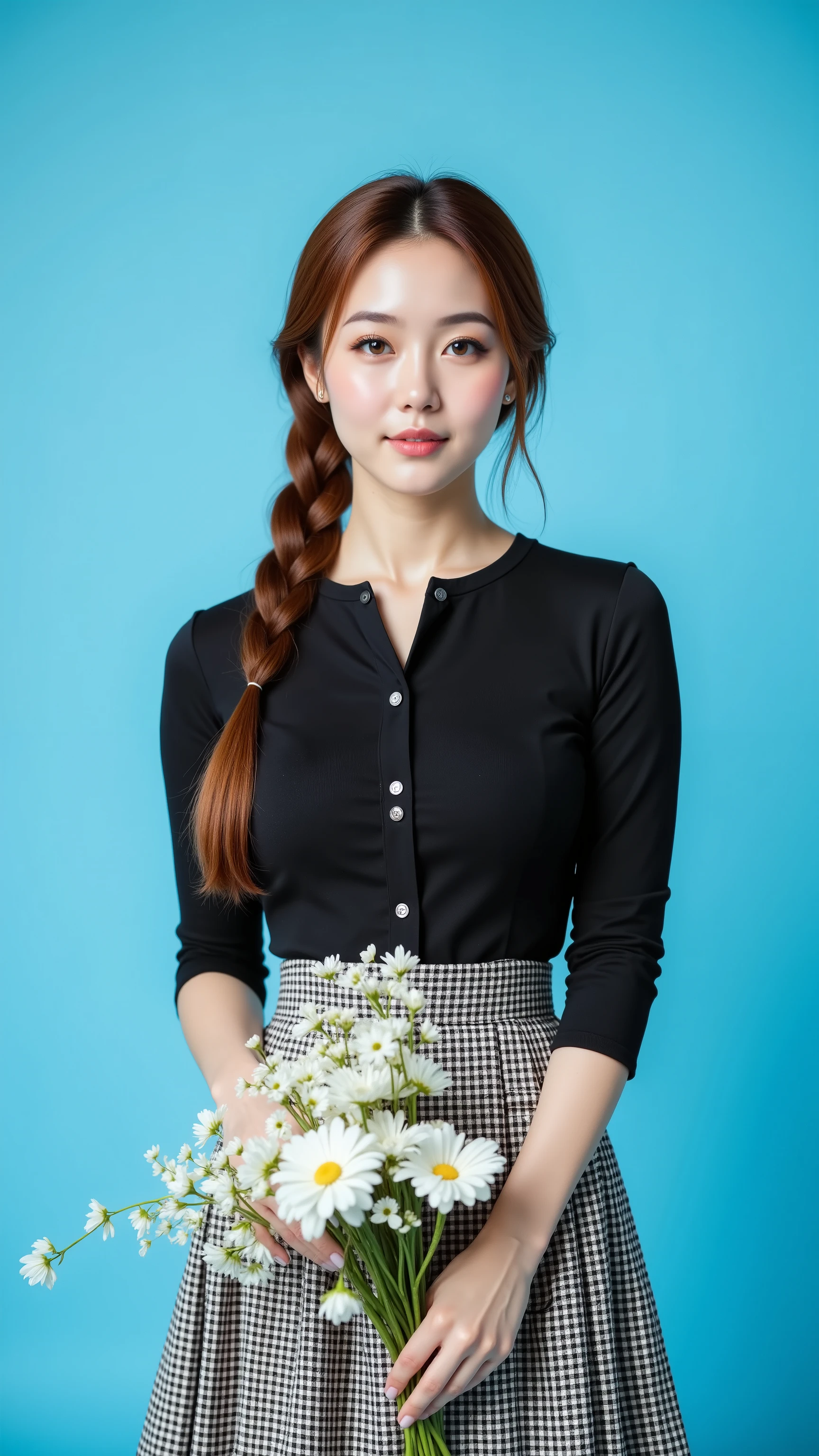 32k, Masterpiece, top quality, ( Korea's Beautiful Woman)braided hair, retro style, black button-up top, plaid pleated skirt, holding white flowers, bright blue background, studio lighting, fashion photography, vintage aesthetic, pastel colors, high contrast, clean composition