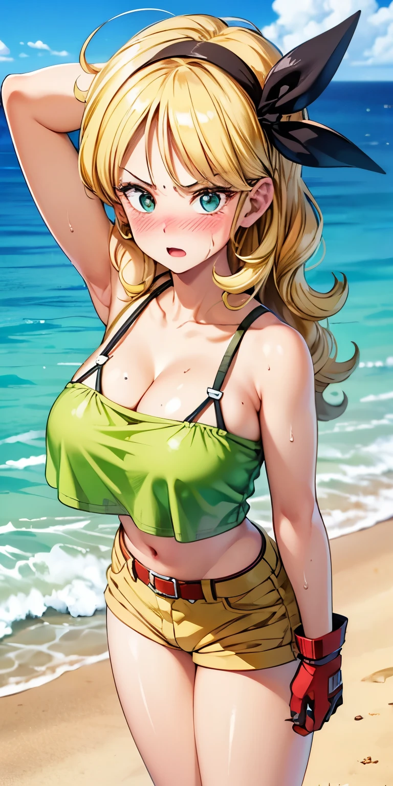 masterpiece, Beach sunset scene:1.2), (Tatsumaki de One Punch Man:1.2), (height of 150 centimeters and weight of 47 kg:1.2), (perfectly proportioned body:1.1), (Beautiful and well-formed breasts, perky buttocks:1.2), (neckline, clingy, tight and short shirt., Idiot, green shorts, :1.2), (No exaggerations:1.1), (photograph taken at sunset with captivating backlighting against her buttocks:1.3), (Capture a discreet glance towards the camera:1.2), (Radiant skin that glows in the golden hour:1.2), (Serene and seductive atmosphere:1.1) hyperdetailed, crazy details, Beautifully colored, unreal engine, Degrees of freedom, Super resolution,megapixel, cinematic lightning, Antialiasing, FKA, THAI, rtx,SSAO,post processing, Post-production, tone mapping, cgi, visual effects, sound effects, incredibly detailed and intricate , Hyper maximalist, Hyper realistic, volumetric, photorealistic, ultra photoreal, ultra detailed, intricate details,8k, Super detailed , full color, volumetric lightning, HdR, realist, unreal engine, 16k, sharp focus. Octane rendering,