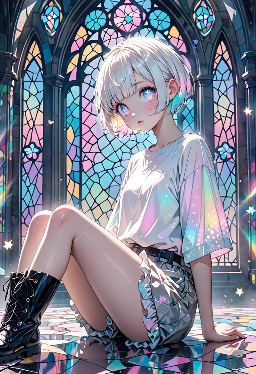 cute girl, (white pixie cut, very short hair), (big round eyes, star-shaped pupils), amorous and lewd face, light makeup, wearing cute baggy loose shirt, frilly shorts, heavy engineer boots, sitting and posing, background pastel color palette, large pastel stained glass,shading effects, gradation magic effects, foggy filter effects, glitter effects, cute effects, (ultra detailed, absolutely resolution, best quality:1.3), 2.5D, delicate and dynamic, artistic photography, hyper realistic, graphic CG digital art