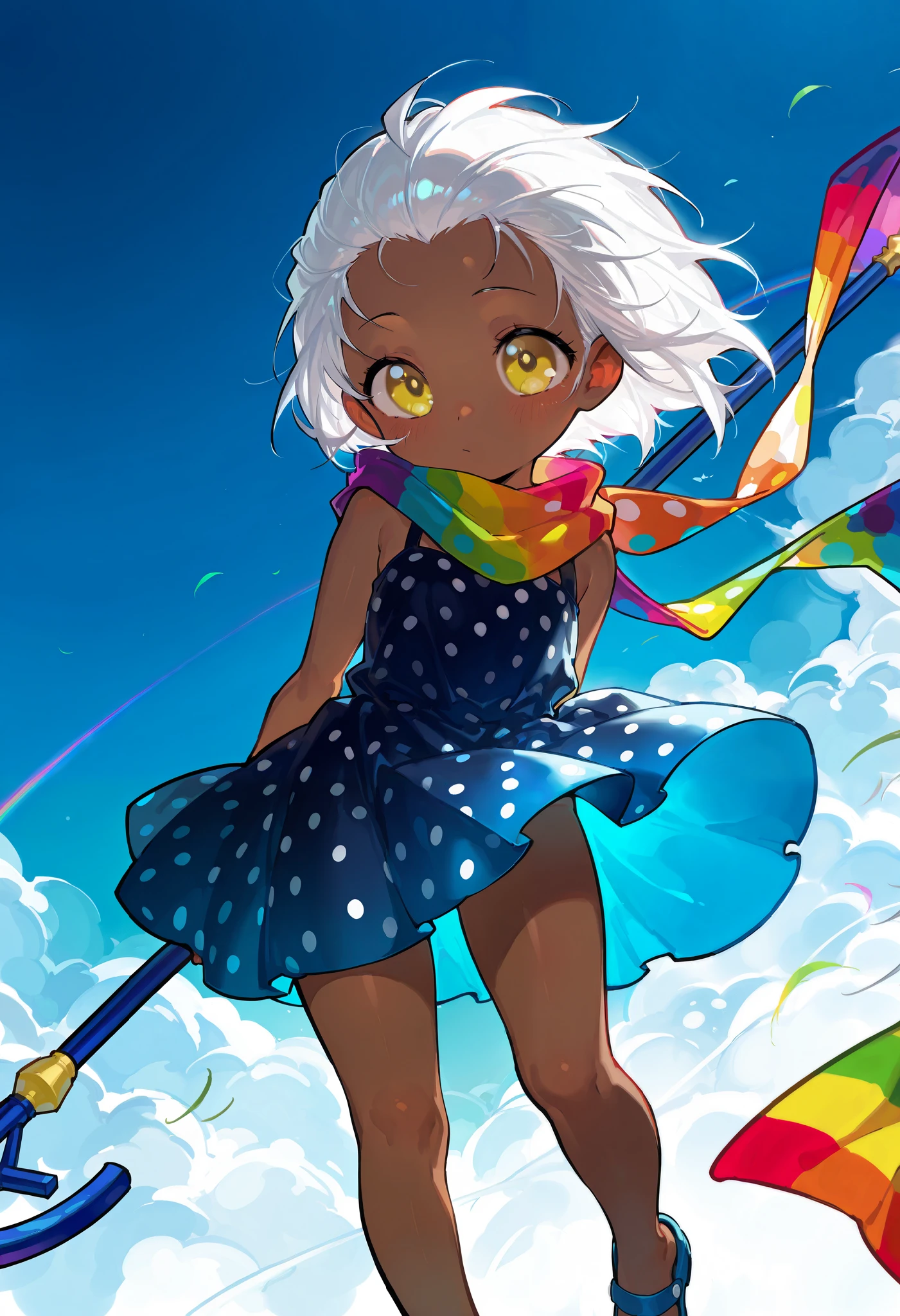 solo, score 9, score 8, score 7, Best quality::2.5, artwork::2.5, Masterpiece::2.5, rodecchi, look, loliooking like a baby, le, cuown skin, (White hair), Short hair, Hair slicked back, ((Big bangs)), beautiful hair, bare shoulder, (Bright yellow eye), (Rainbow scarf), Just a scarf tie, (Dark blue dress), (Short dress), Simple dress, (Colorful polka dots on dress), Blue star staff, Blue sandal, Bare legs, Wind,