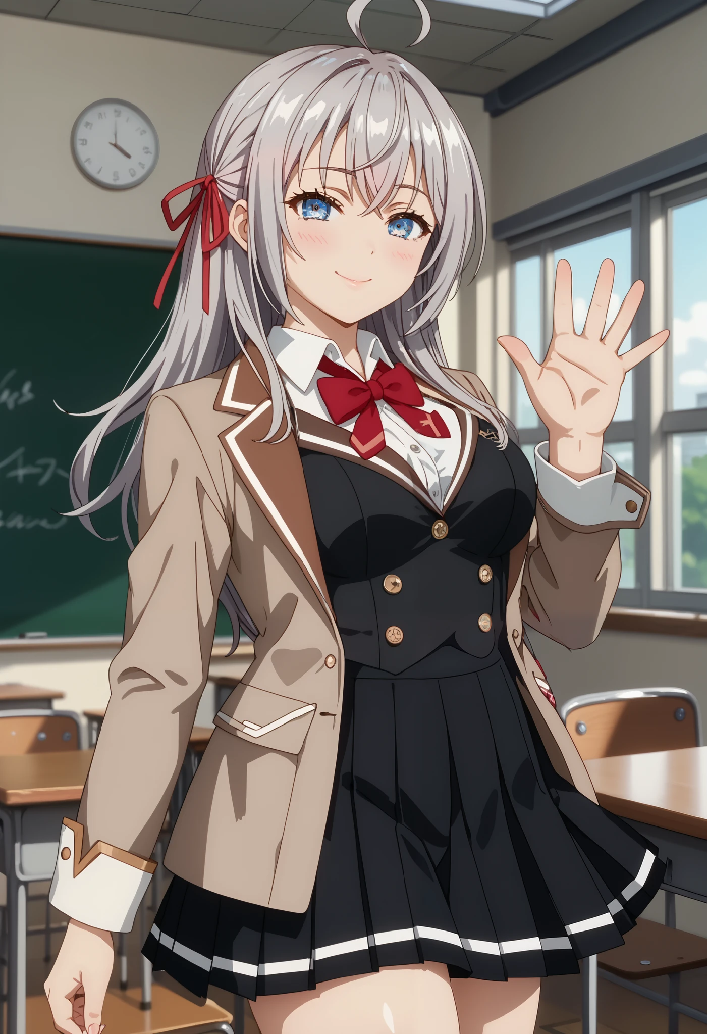 score_9, score_8_up, score_7_up, anime screencap, source_anime, upper body, 1girl, BREAK, 1girl,
long hair, gray hair, ahoge, crossed bangs, blue eyes, hair ribbon, red ribbon, pale skin, AlyaSchool, short jacket, open jacket, brown jacket, red bow tie, white shirt, black vest, buttons, long sleeves, pleated skirt, black skirt, white thighs,
thigh gap, (black thighs: 1.2), waving, mouth closed, slight smile, slight blush, looking at viewer, standing, dutch angle, classroom, indoors, blurred background, detailed close-up, extremely detailed eyes, (Beautiful breasts and large: 1.2), natural breasts,