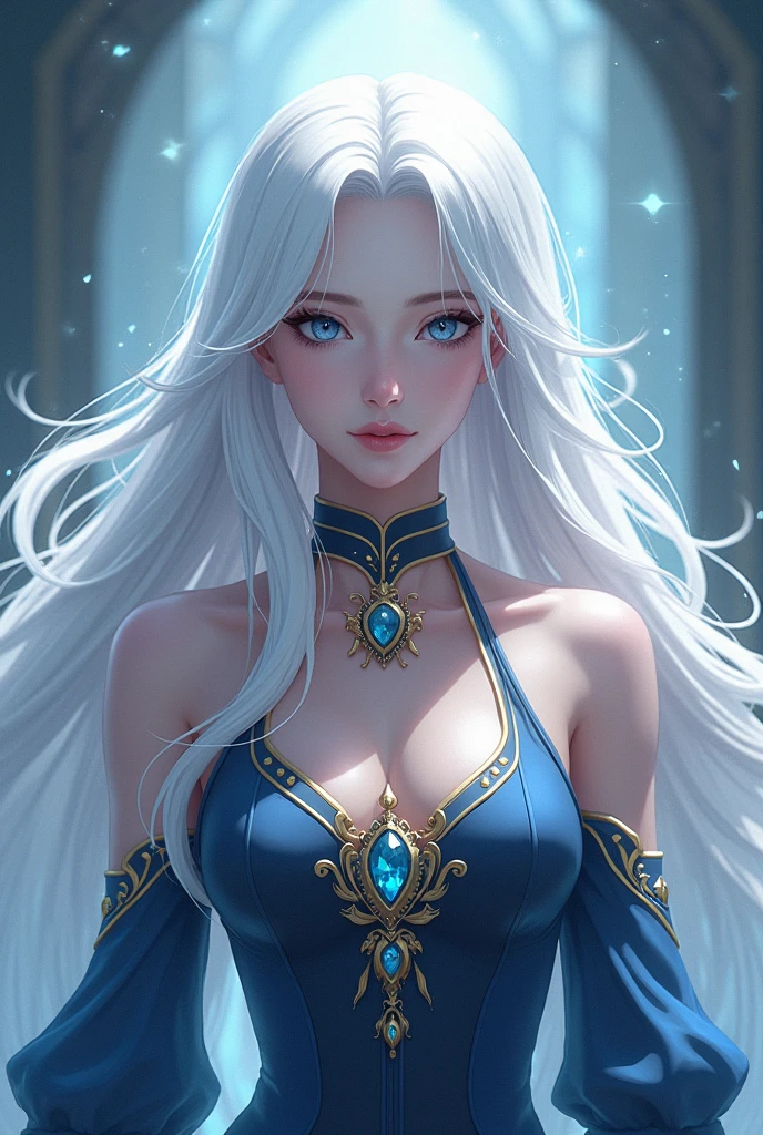 she  have creamy blue long hair , wearing a creamy blue outfit , moons and roses pattern, 3 eyes  and  slug sage mode,perfect face, super serious facial expression , side pose looking back