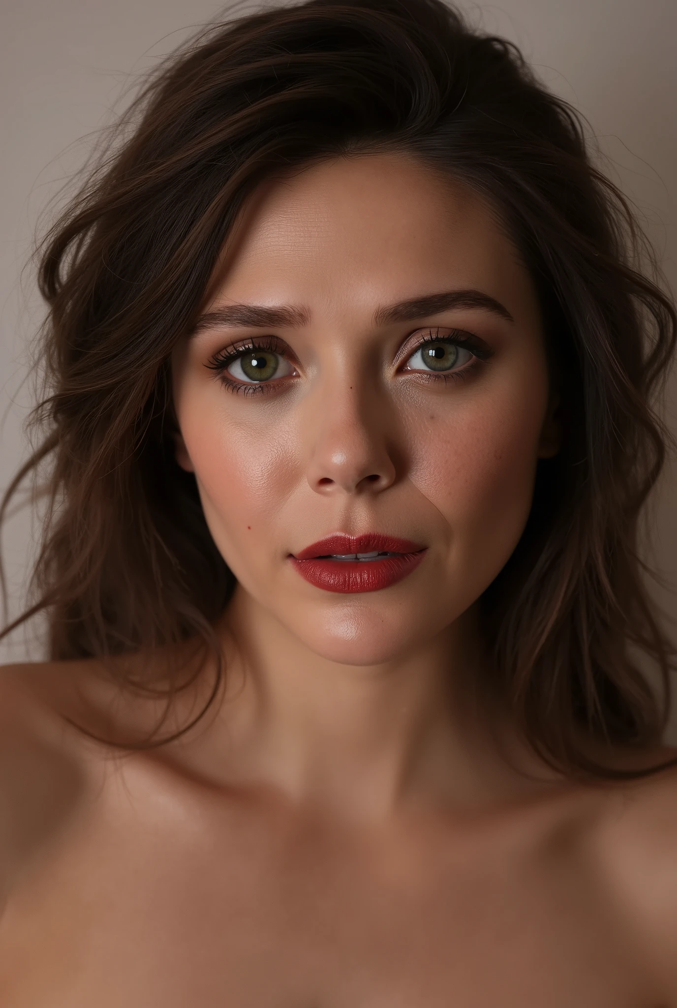 Topless, red lips, cat eyes makeup