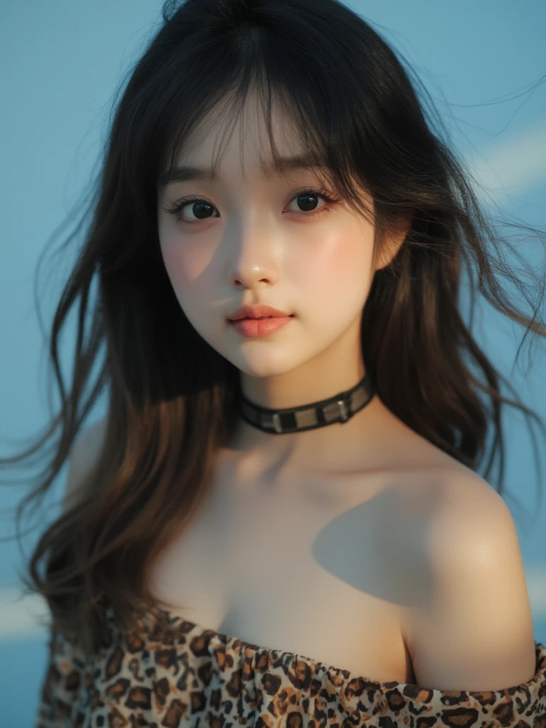 (masutepiece， Best Quality:1.2)， 8K， 15yo student， 85 mm， Official art， Raw photo， absurderes， Pretty Face， close up， Upper body， violaceaess， gardeniass， Beautiful Girl(Brown Jasper Pattern Off Shoulder Dress:1.4) ，a choker:1.6)、Looking at Viewer， No makeup， (Smile:0.4)， Film grain， chromatic abberation， (small :1.4)， face lights， clear lighting， Detailed face， Bokeh background，full body Esbian、slender、serious facial expression、Pinclip Gloss， Look at viewers，   pose，full body Esbian， full of details， Multiple poses and expressions， Highly detailed、Round chest、FULL BODYSHOT、Standing posture、Hair swaying in the wind、Hair to the shoulders、Very slim physique、Beautiful waist、very slender legs、extremely detailed eye and face， Sharp pupils，(Simple background)，(Dull light blue background:1.2)， Black eyes,