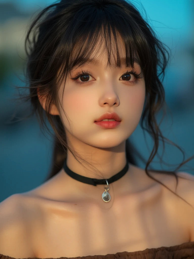 (masutepiece， Best Quality:1.2)， 8K， 15yo student， 85 mm， Official art， Raw photo， absurderes， Pretty Face， close up， Upper body， violaceaess， gardeniass， Beautiful Girl(Brown Jasper Pattern Off Shoulder Dress:1.4) ，a choker:1.6)、Looking at Viewer， No makeup， (Smile:0.4)， Film grain， chromatic abberation， (small :1.4)， face lights， clear lighting， Detailed face， Bokeh background，full body Esbian、slender、serious facial expression、Pinclip Gloss， Look at viewers，   pose，full body Esbian， full of details， Multiple poses and expressions， Highly detailed、Round chest、FULL BODYSHOT、Standing posture、Hair swaying in the wind、Hair to the shoulders、Very slim physique、Beautiful waist、very slender legs、extremely detailed eye and face， Sharp pupils，(Simple background)，(Dull light blue background:1.2)， Black eyes,