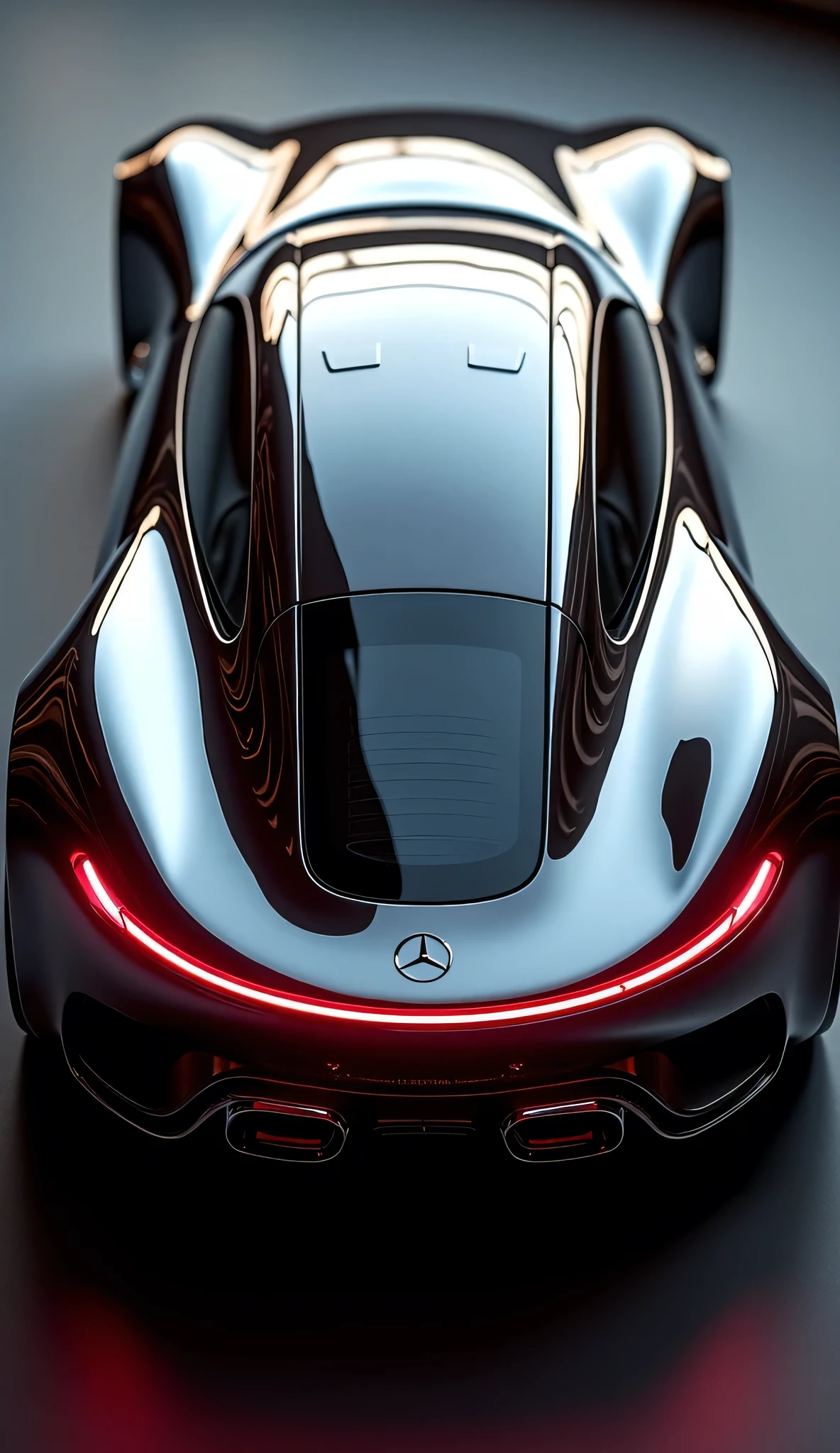 A close-up top view of the rear of a futuristic car Mercedes AVTR  with a highly reflective chrome finish, dual central exhaust pipes, sleek aerodynamic lines, and sharp red LED taillights, set in soft indoor lighting that highlights the curved reflections and intricate details, photorealistic style, ultra high-definition.
