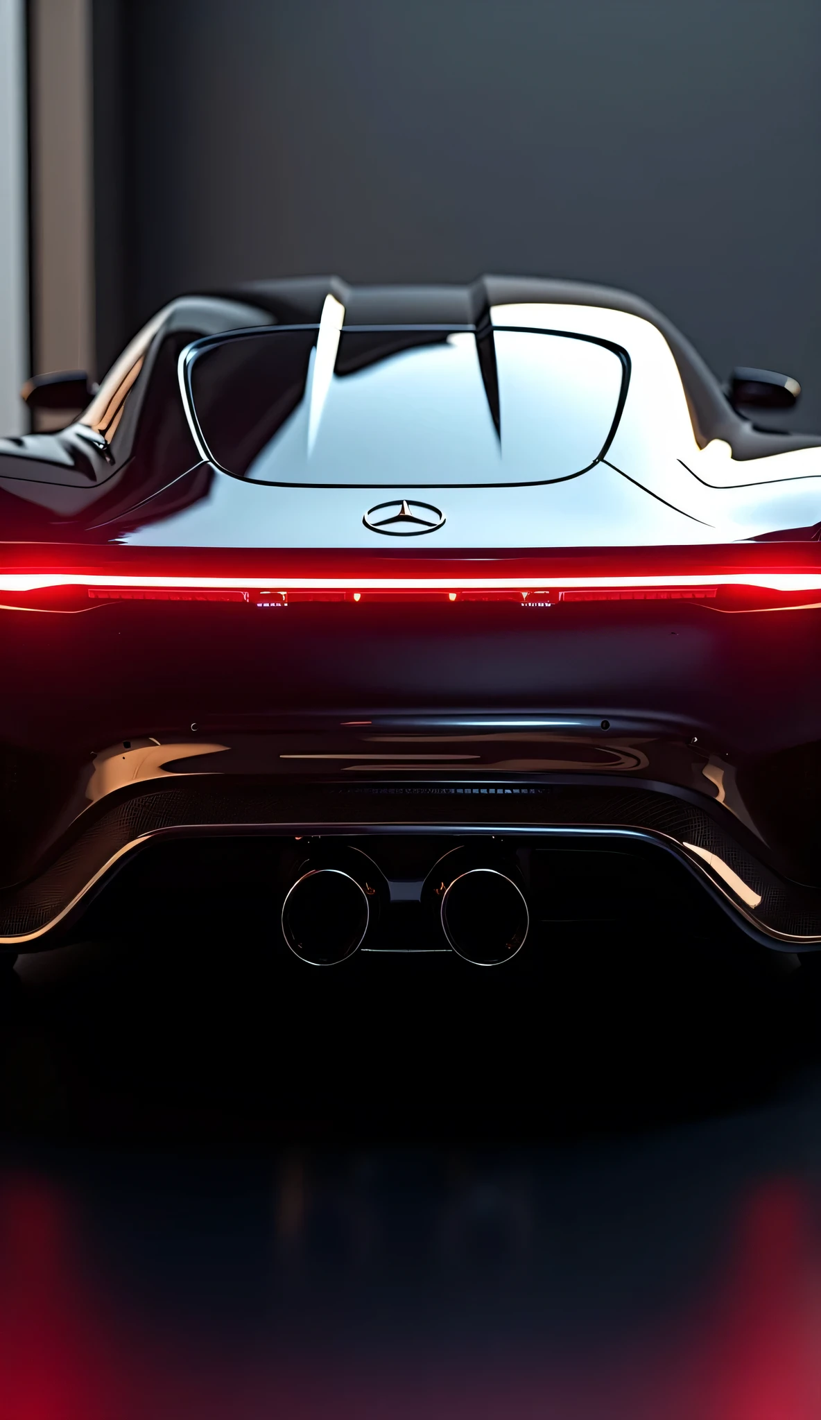 Wide shot, A close-up view of the rear of a futuristic car Mercedes AVTR with a highly reflective chrome finish, dual central exhaust pipes, sleek aerodynamic lines, and sharp red LED taillights, set in soft indoor lighting that highlights the curved reflections and intricate details, photorealistic style, ultra high-definition.