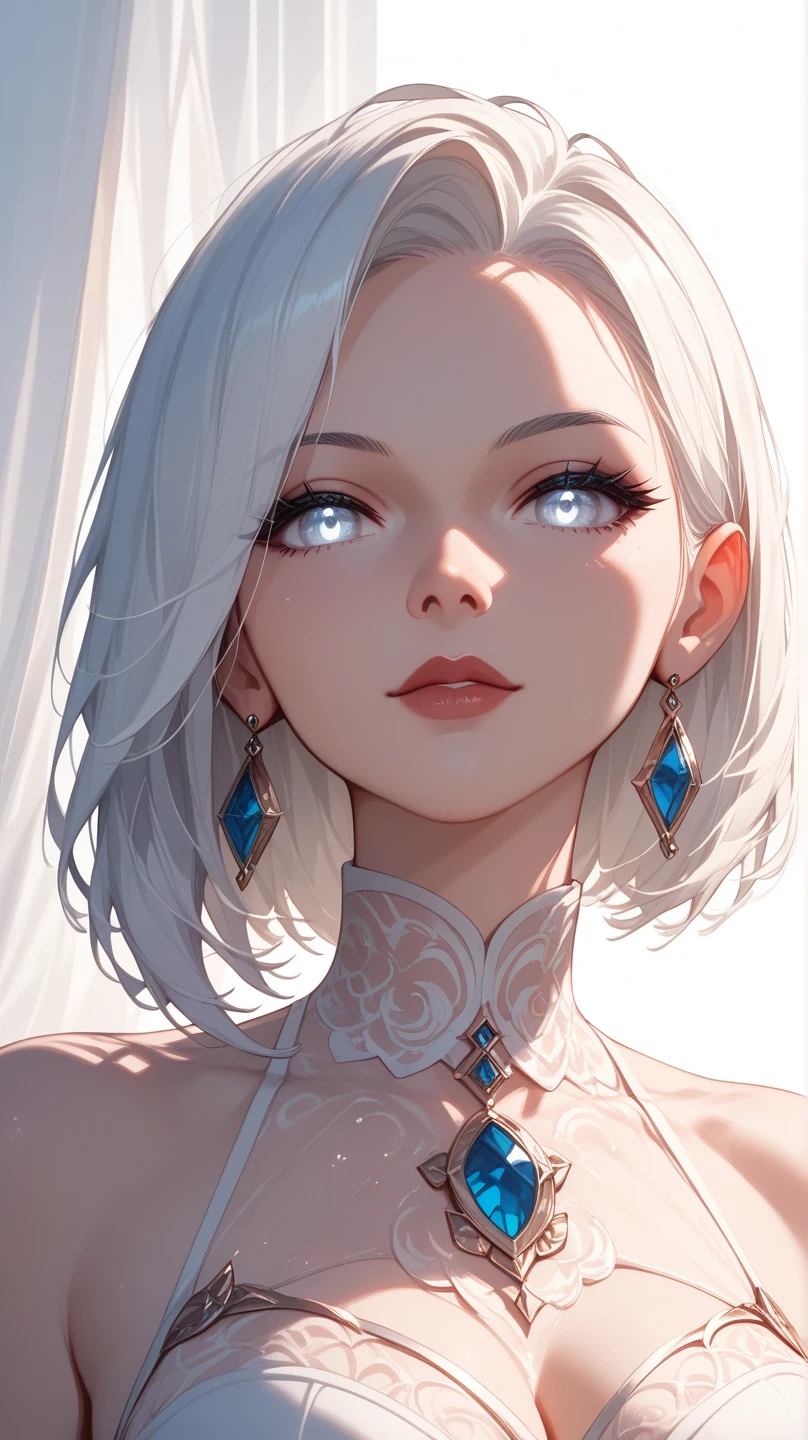 (best quality, masterpiece), 1girl, beautiful girl, brown_eyes, ((hair color [Silver hair], [pixie cut with bangs] hair)), earrings, lips, short sleeves,realistic, narrow waist, charming, colorful makeup, long eyelashes, fair skin, (cute), (detailed face), detailed eyes, detailed iris, consistened character
