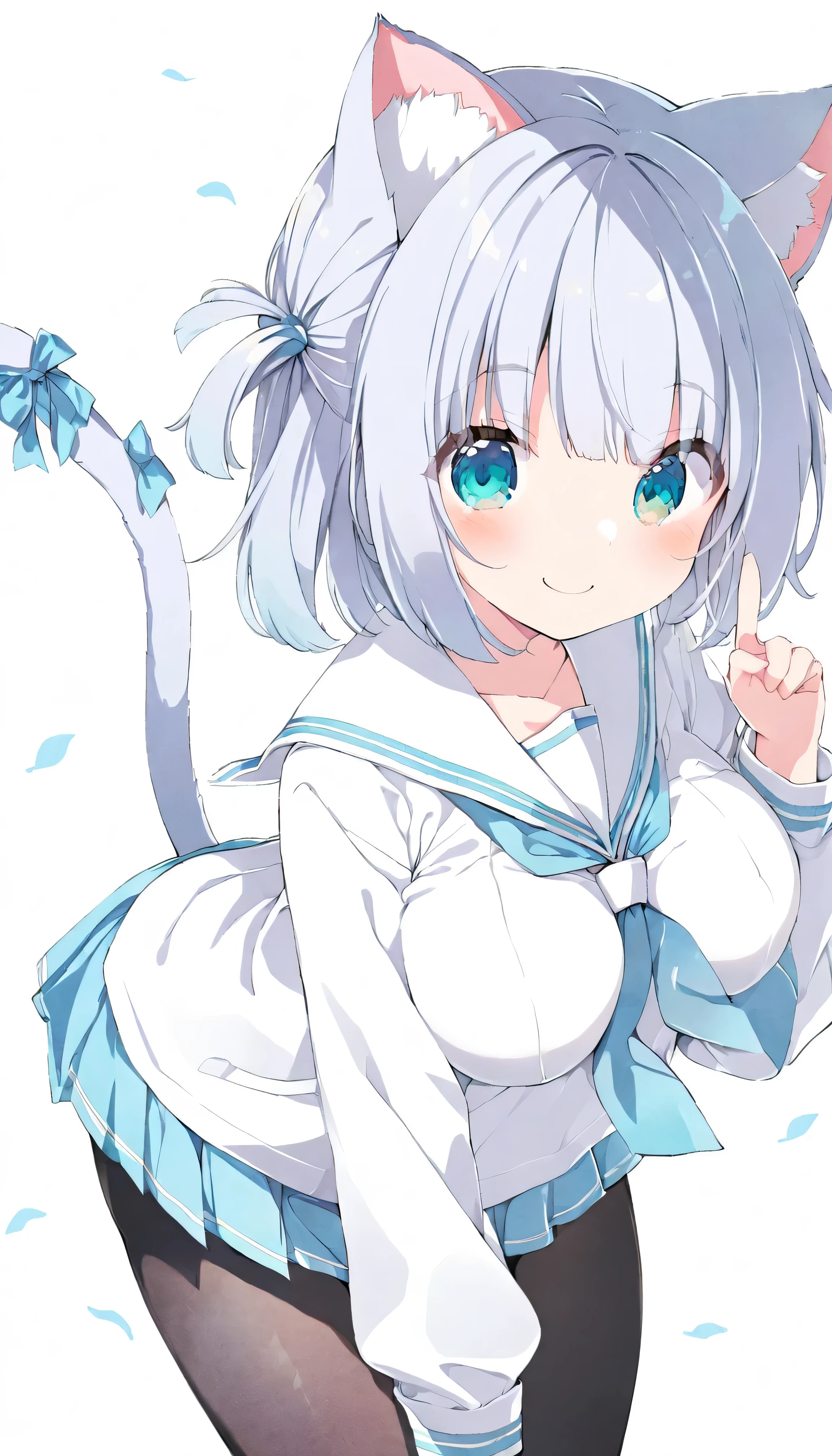 nsfw, (Best Quality), 、a girl, solo, sexy, (lovely), sailor uniform, Short skirt, silver blonde hair, semi long hairstyle, cat ears, {cool eyes, Turquoise: 1.2}, a fluffy cat tail on your butt, swayback stance ,gravure pose, ((large breasts)), simple white background, put index finger on mouth, smiling, A lot of blue hand-drawn cute cats are flying in the background, winking, Kyoto Animation style illustration、Watercolor tone, wearing black tights on your legs,