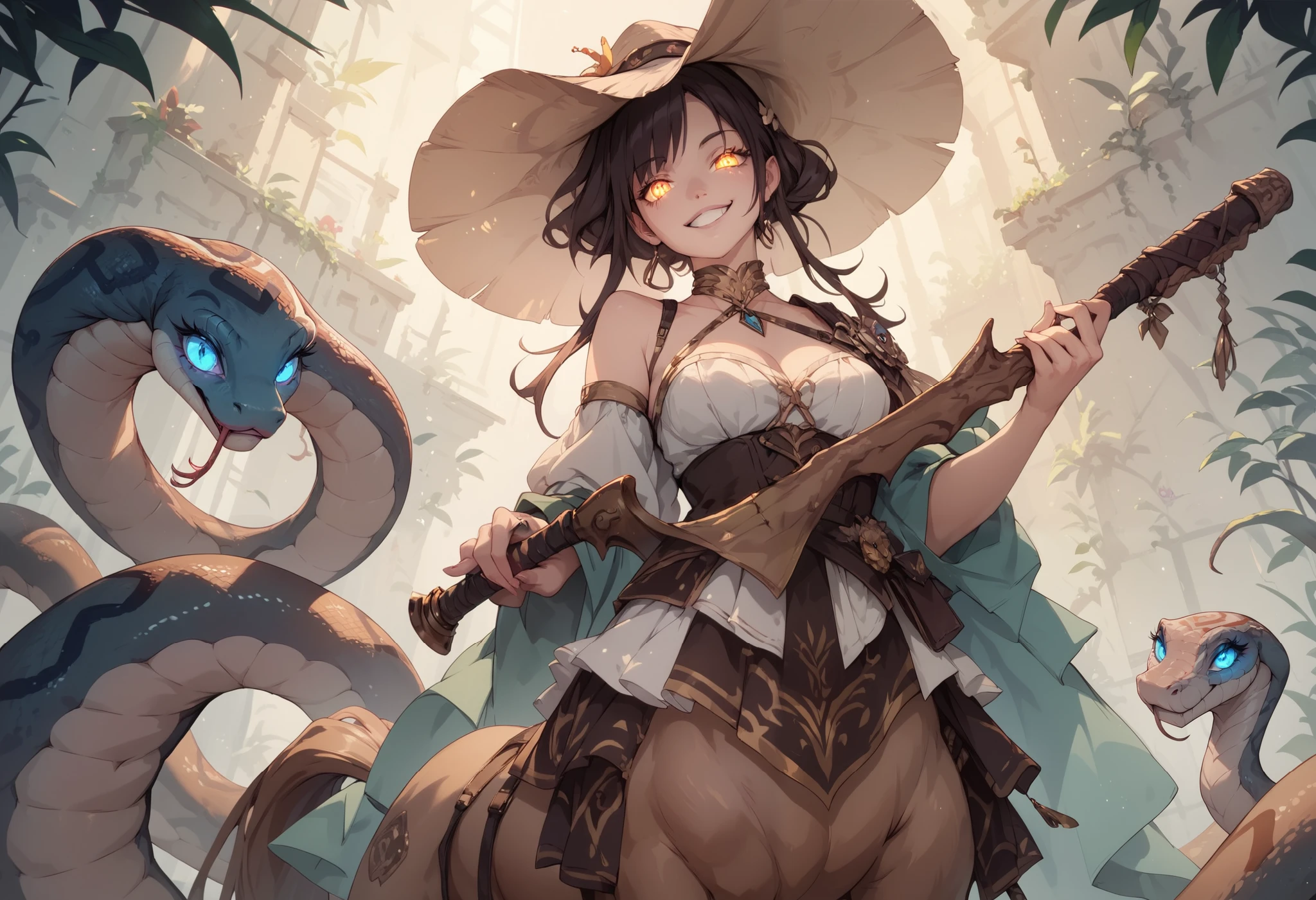 A reptilian centaur girl. Yandere smile. Glowing eyes. Hiding one eye. Holding a weapon. Snakes growing from her body.