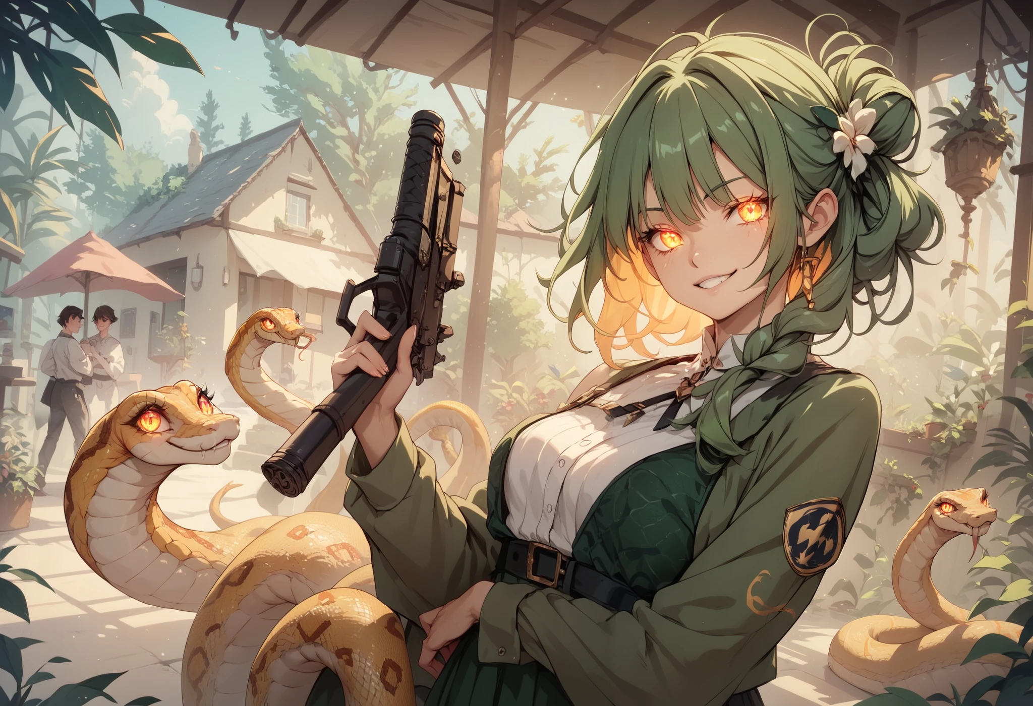 A reptilian centaur girl. Yandere smile. Glowing eyes. Hiding one eye. Holding a weapon. Snakes growing from her body.