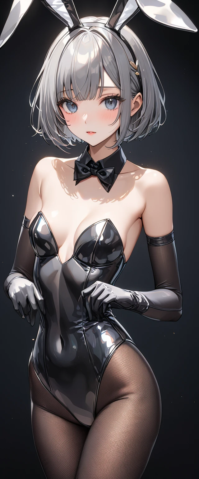 rialistic photo、Top image quality、1girl in, beautidful eyes, Sexy smile, flaxen ponytail、Disgusted bunny girl tired and defiant look, Thin eyebrows, Black eyeliner, High exposure black and white bunny suit, No shoulder straps、fishnet tights、Blue eyes,a short bob, White hair, Eyes mixed with fatigue and defiance, Pose with cheeks in hand, bunnygirl, rabbitears, Sheer stockings, Time bar after closing in the background, Neon light flickering, Black high heels kick off sideways, Stocking Rolldown, cuffs and collar slightly oblique,,,,,,,,,,,,,,,, Support your face with one hand, Fingers lightly stroking her cheek, Sultry gaze, Bar counter reflecting dim light, Empty shot glasses lined up, An air of resignation and defiance, A clear contrast between her sexy bunny suit and her eye strain, Silence in the bar after hours, Her figure outlined in the soft glow of a neon sign, Passive resilience etched on her face, A hint of a seductive smile on her lips, Beautiful belly button、Beautiful bust、Her stance on another side of nightlife, An aura of tired charm, The poignant atmosphere of loneliness after a few hours, Grainy authentic photos behind the glitz and glamour,
