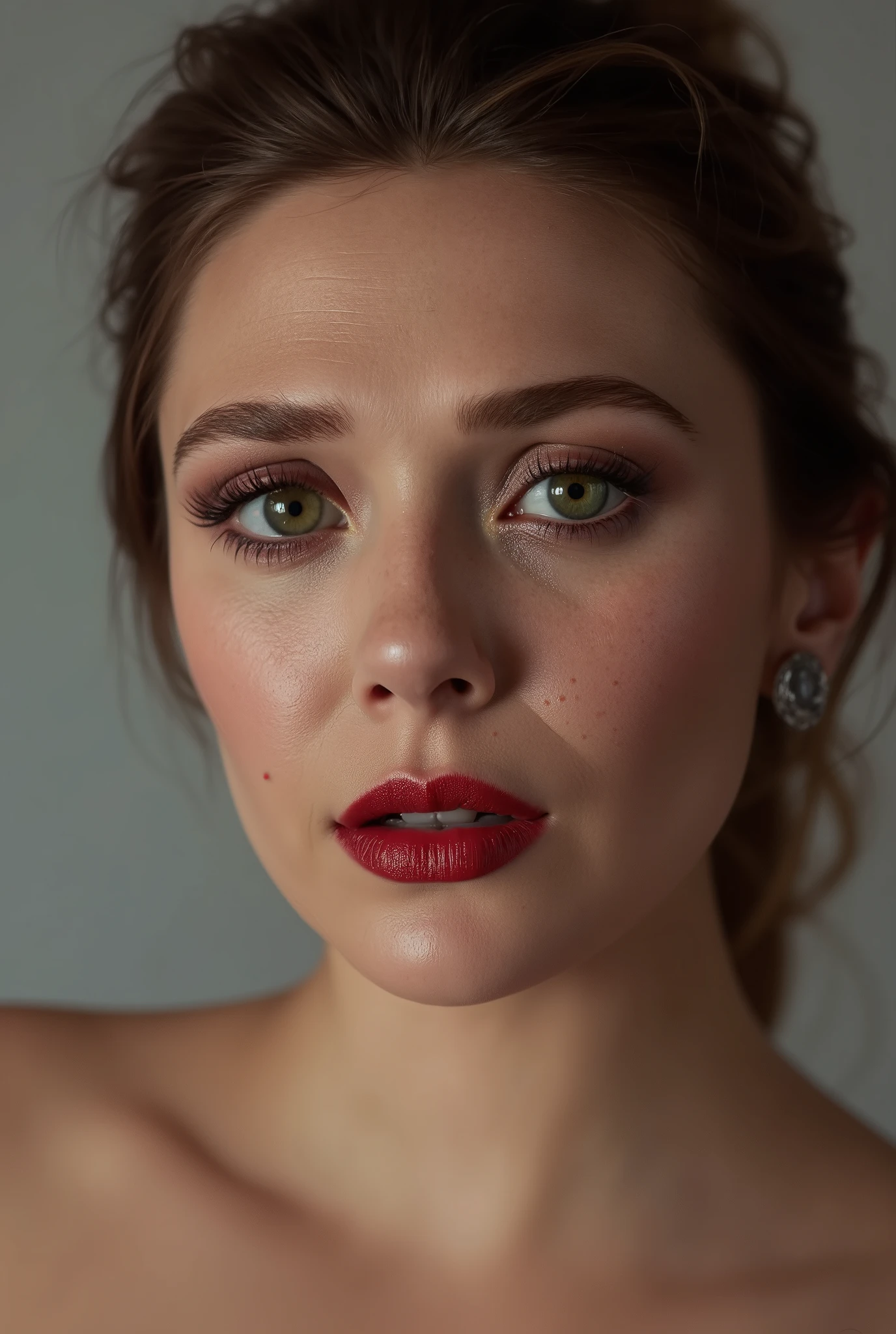 Topless, red lips, cat eyes makeup