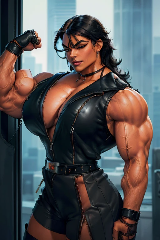 ((Close-up)), tall, (black hair) beautiful muscular woman, long straight hair, light brown skinned, closed smile, (black lipstick), big breast, (massive muscles), (hyper muscle), ((ginormous bulky muscles)), glowing orange eyes, (((black sleeveless pleated shirt))), ((black pencil skirt with belt)), (fingerless gloves), (necktie), high heels, night in rooftop,