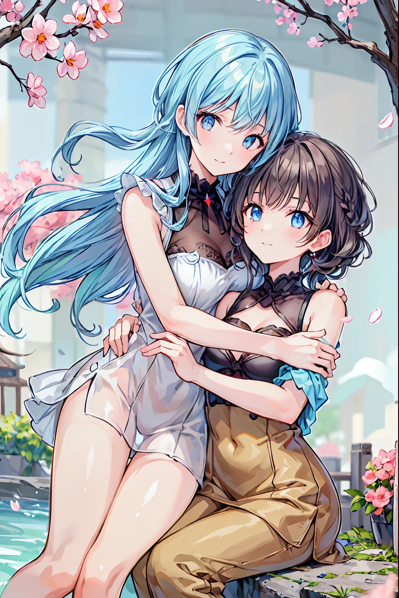 (( best quality , 8k, Masterpiece: 1.3)), sharp focus beautiful woman filled with reflected light, highly detailed face and skin texture , detailed eyes, Two women hugging each other, Cherry blossom trees, Sparkle, happy, Cheeks to cheeks , forehead-to-forehead, tea hair, shortcuts, unkempt hair,Short braided hair,Neat, slender beautiful woman,Correct posture,Small chest, Beautiful Legs, enchanting gray-blue eyes shine like stars,Droopy eyes, bright colors, beautiful eyes,A delicate smile,Textured Skin, Best Quality at its Best , gentle and beautiful woman , anime style、