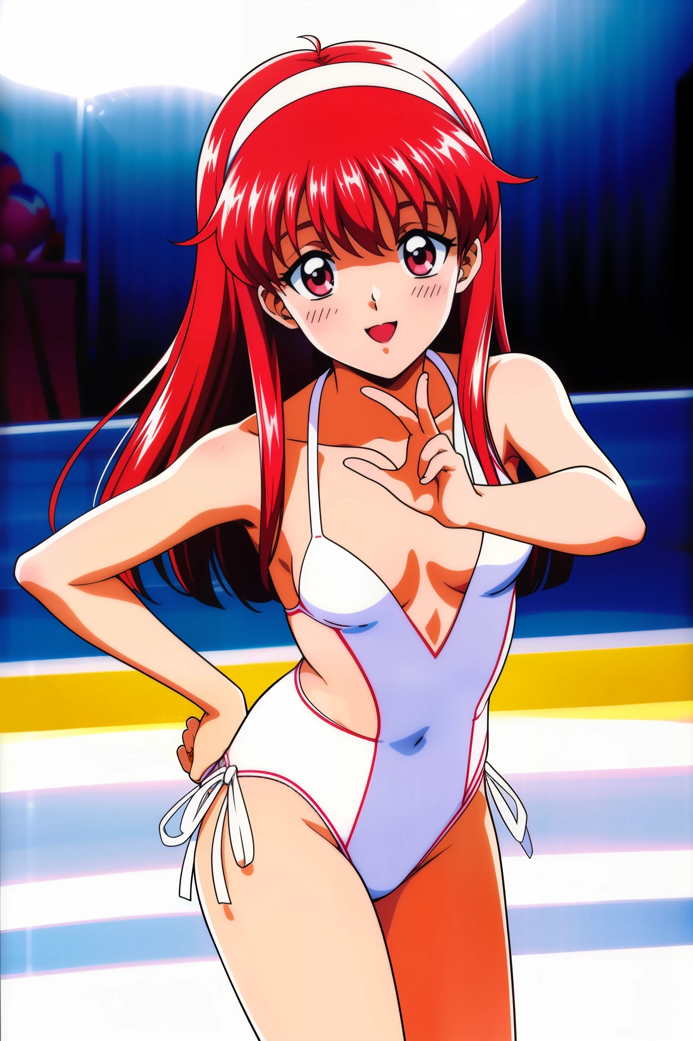 FujisaKishiori , (cowboy shot), Red Hair, long hair, Hair Band , red eyes, small breasts, ( Figure Skating ), ( sexy pose), (blush:1.2), (bright smile), (Ice skating rink), score_9, score_8_superior, score_7_superior, source_anime, (best quality:1.2), 細部までこだわったanime, high quality , full color, 8k, high resolution