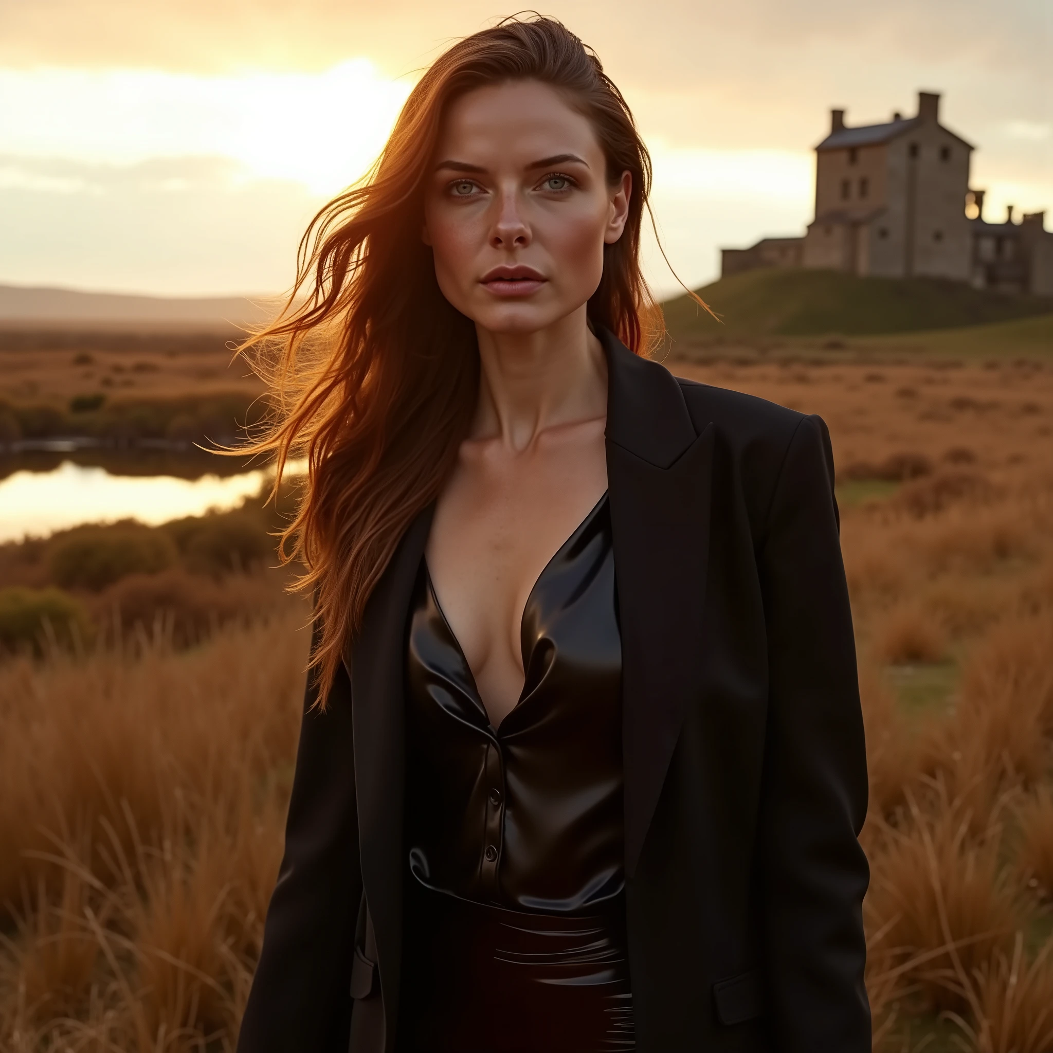 a gorgeous European woman, wavy hair in the wind. she's a men magazine model, She has a subtle smile and flirts with the camera, (she wears leather shirt with a long wool sweater and pvc leggings:1.2),background landscape of Scotland Loch and Scottish castle ruins, (in sunset light:1.2),