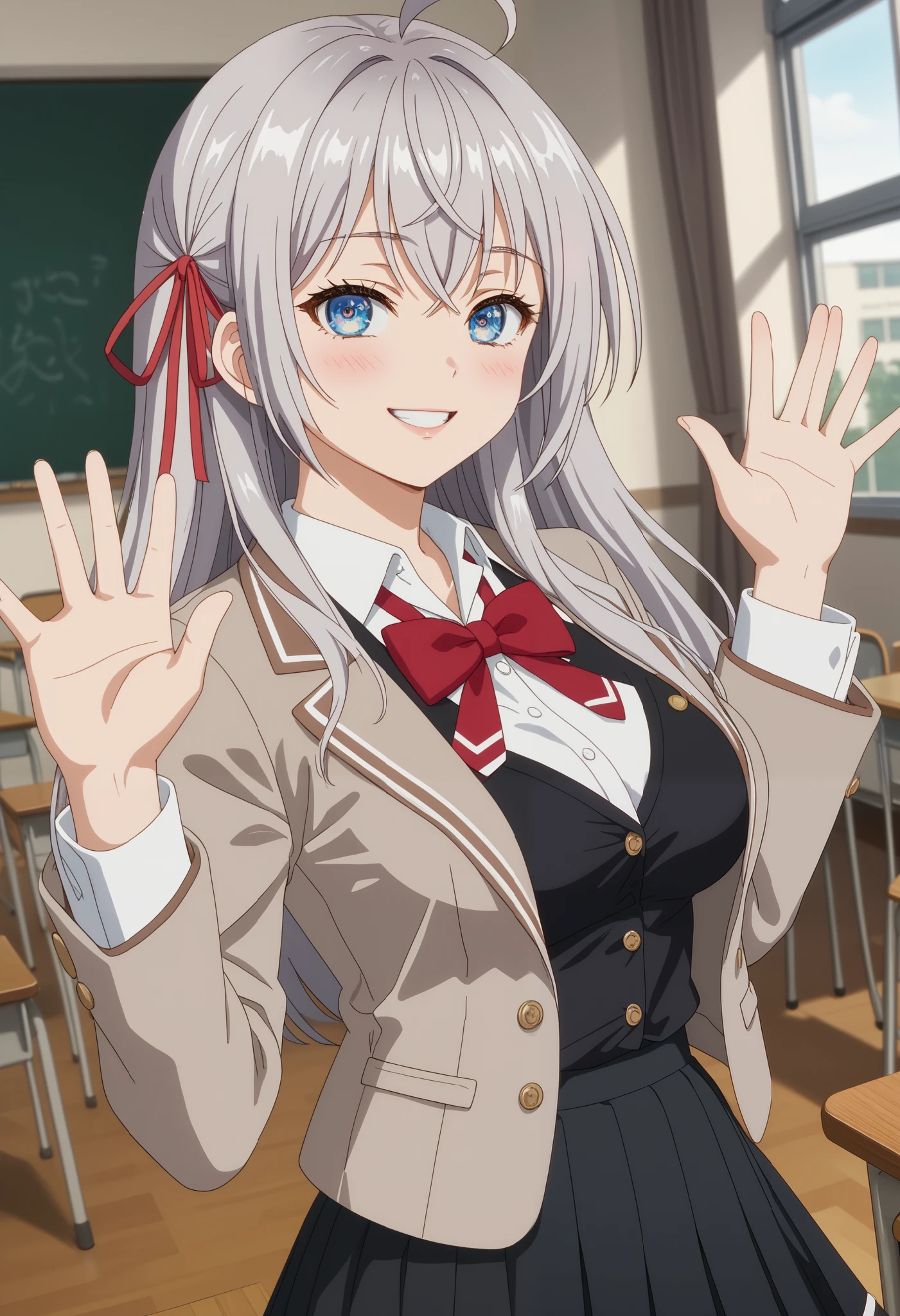 score_9, score_8_up, score_7_up, anime screencap, source_anime, upper body, 1girl, BREAK alisamikhailovnakujou, alisamikhailovnakujou,
long hair, gray hair, ahoge, crossed bangs, blue eyes, hair ribbon, red ribbon, pale skin, AlyaSchool, short jacket, open jacket, brown jacket, red bow tie, white shirt, black vest, buttons, long sleeves, pleated skirt, black skirt, white thighs,
thigh gap, (black thighs: 1.2), waving, mouth closed, slight smile, slight blush, looking at viewer, standing, dutch angle, classroom, indoors, blurred background, detailed close-up, extremely detailed eyes, (Beautiful breasts and large: 1.2), natural breasts,