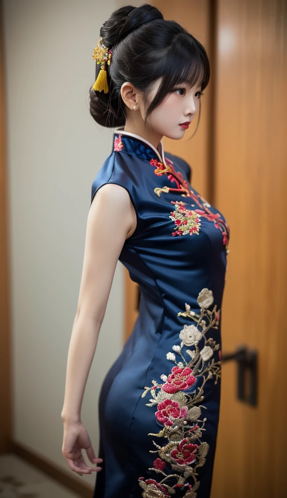 1girl ,wear blue cheongsam, RAW photo, 8k uhd, film grain