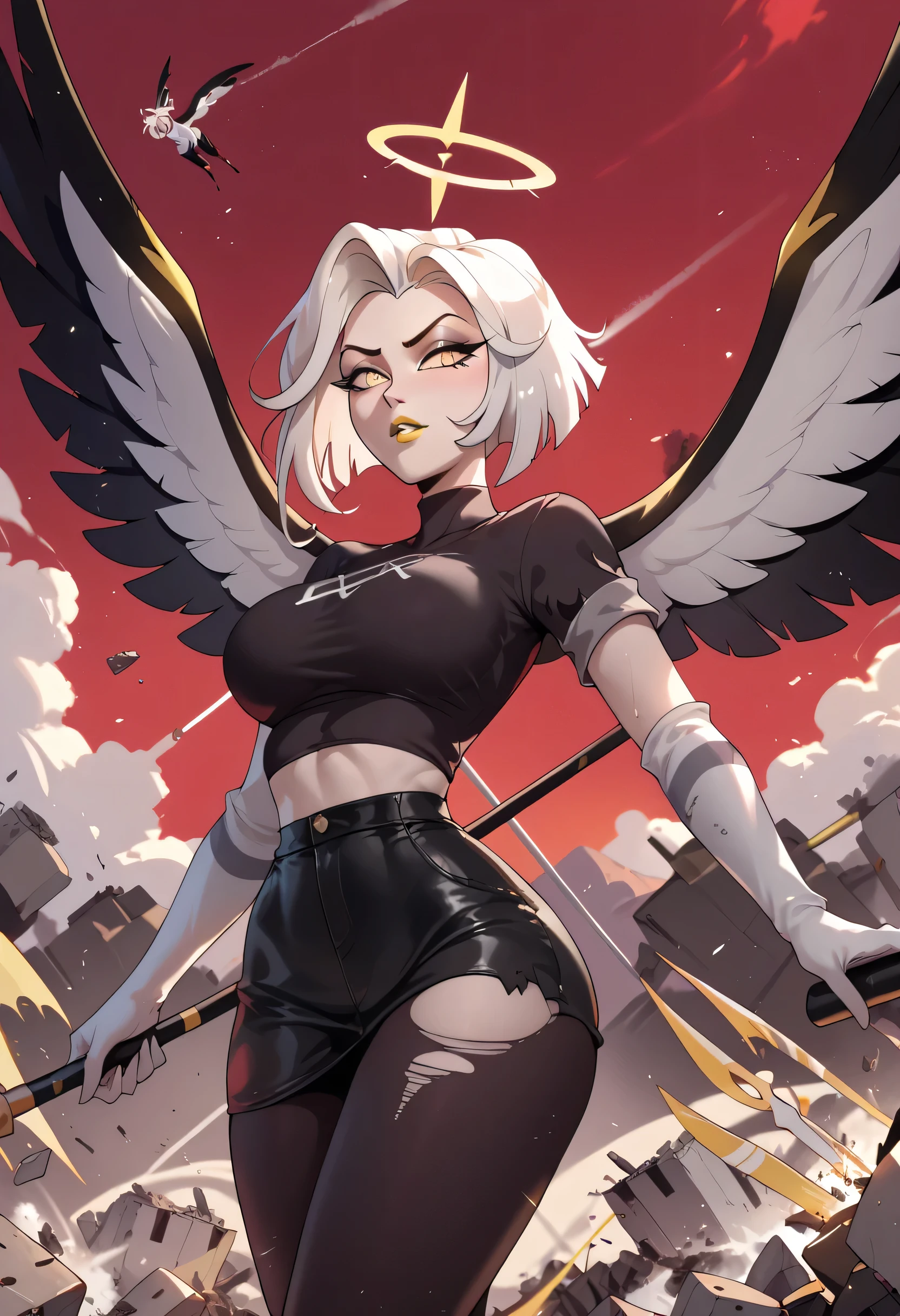 woman, big breasts, yellow lipstick, anime style, white skin, yellow eyes, white hair, white spear, wings, red sky, torn clothes, destruction, black clothes, white gloves, halo, Lute, hazbin Hotel