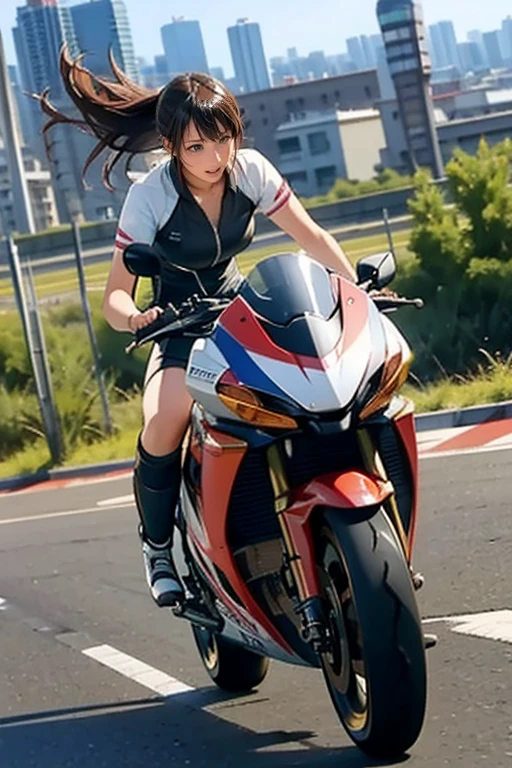 Japan  riding motorcycle,super mini skirt、white panties、Happy!!!, , motorcycle,[ realistic pictures ]!!, High resolution,No sleeve、white panties
