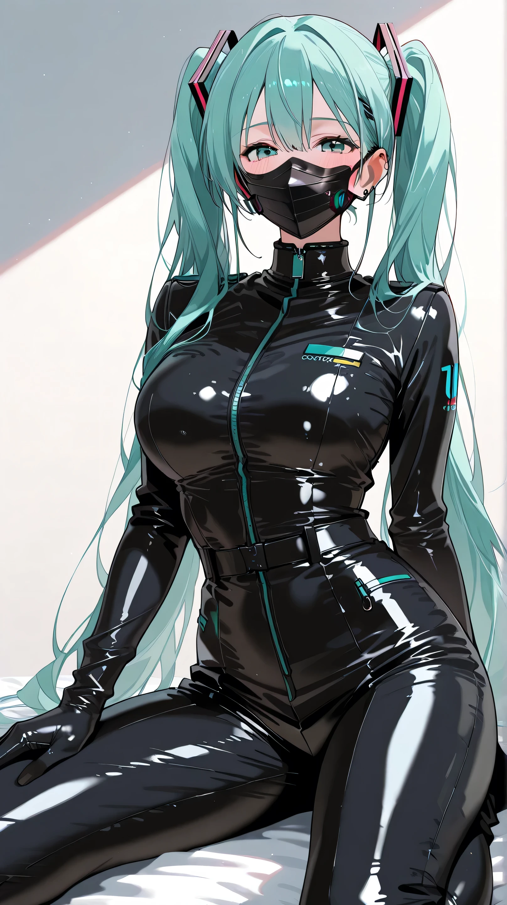 Hatsune Miku wearing a black latex jumpsuit 