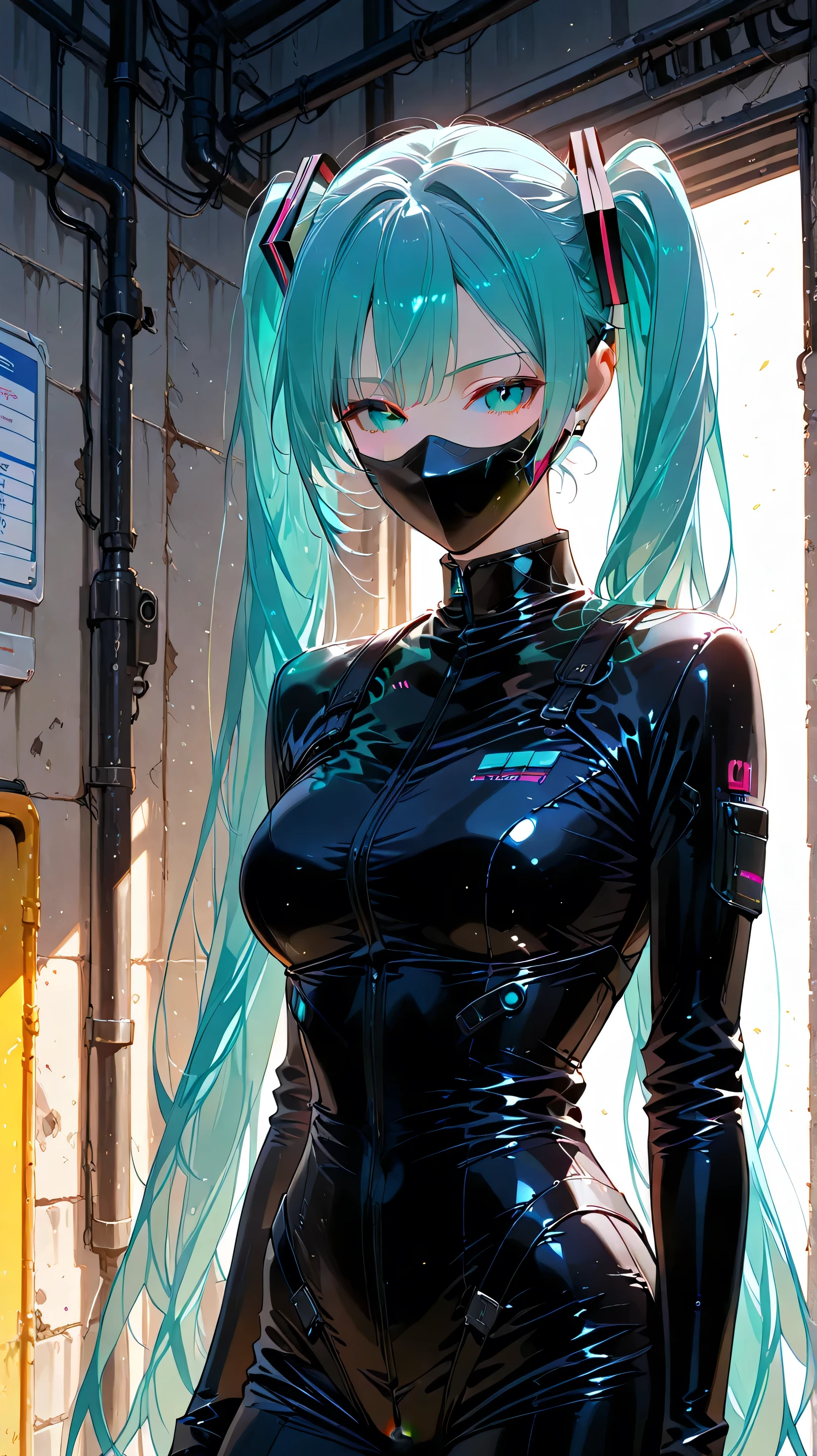 Hatsune Miku wearing a black latex jumpsuit