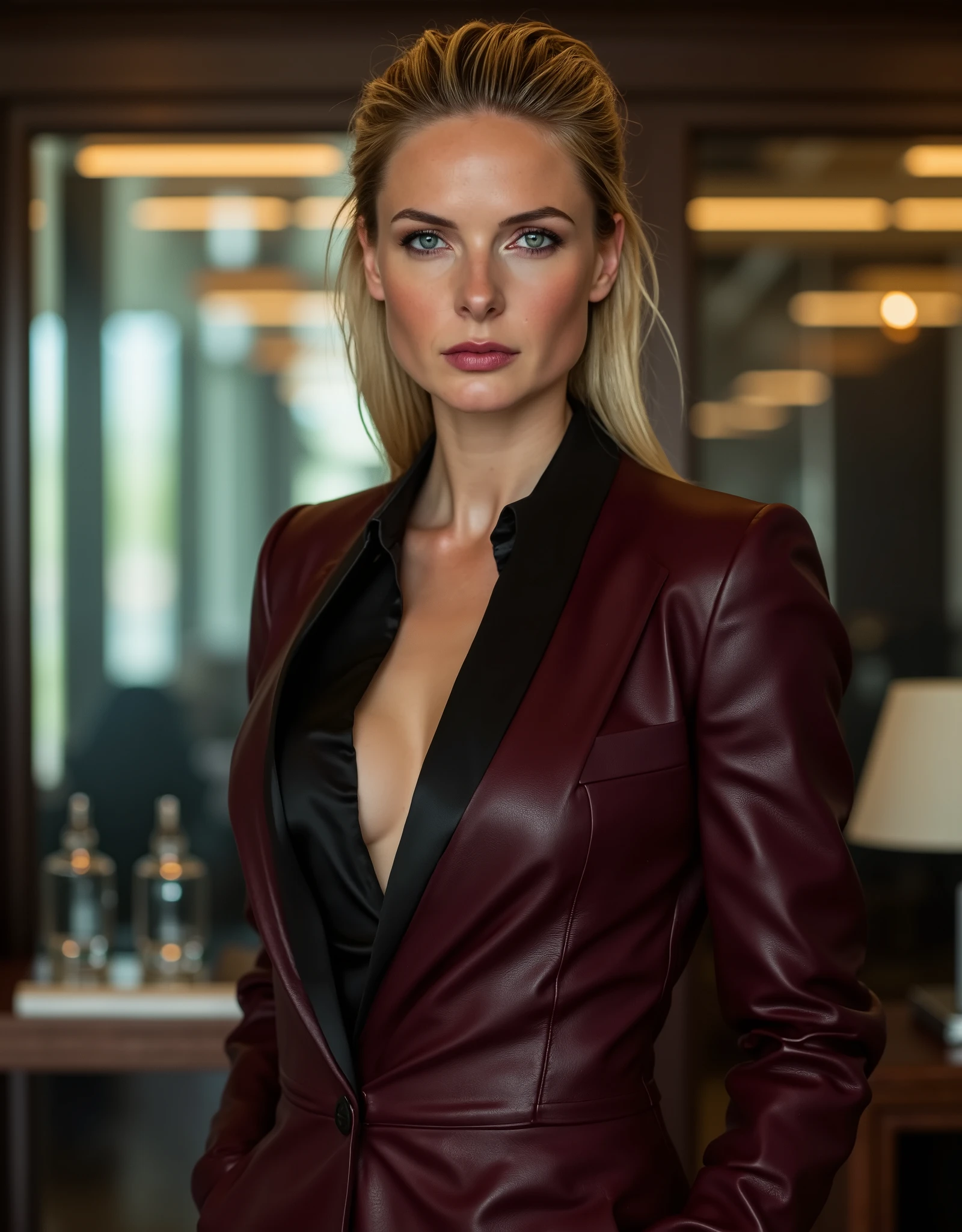 full body image of arafed woman, a beautiful female business executive wearing an bordeaux leather Armani business suit with a open black buttondown shirt, wet slicked back blonde hair, strong seductive makeup, bedroom eyes, cinematic lighting, a corporate photography, top executive office in the background, godrays