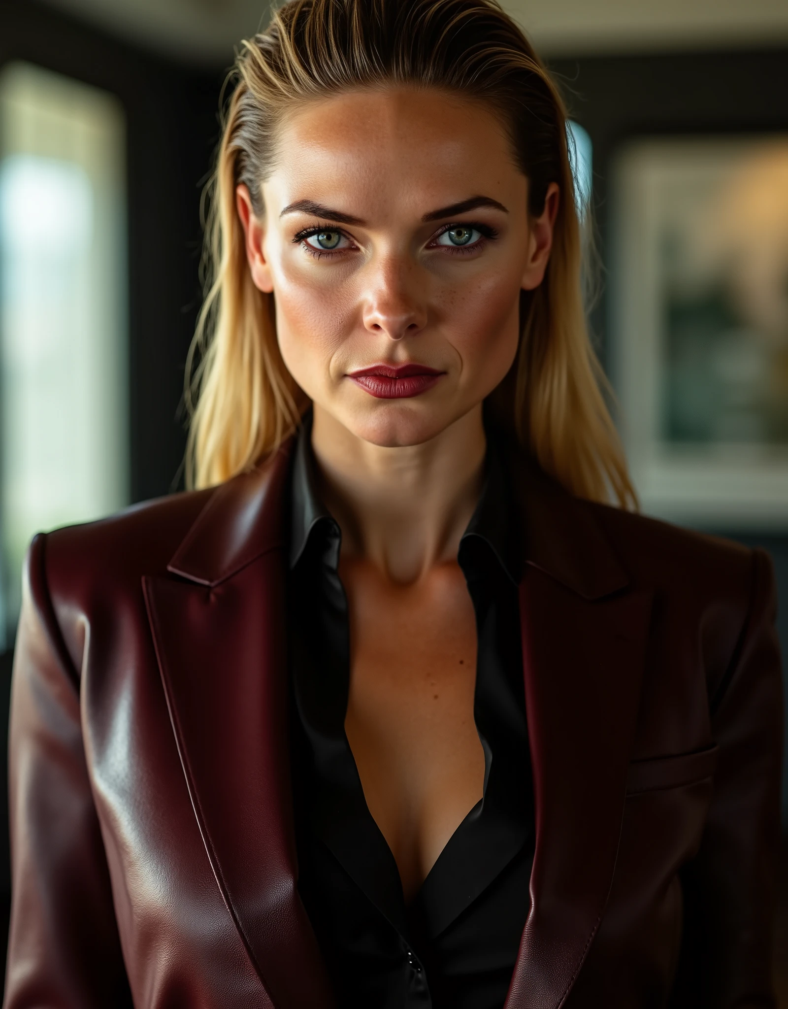 full body image of arafed woman, a beautiful female business executive wearing an bordeaux leather Armani business suit with a open black buttondown shirt, wet slicked back blonde hair, strong seductive makeup, bedroom eyes, cinematic lighting, a corporate photography, top executive office in the background, godrays
