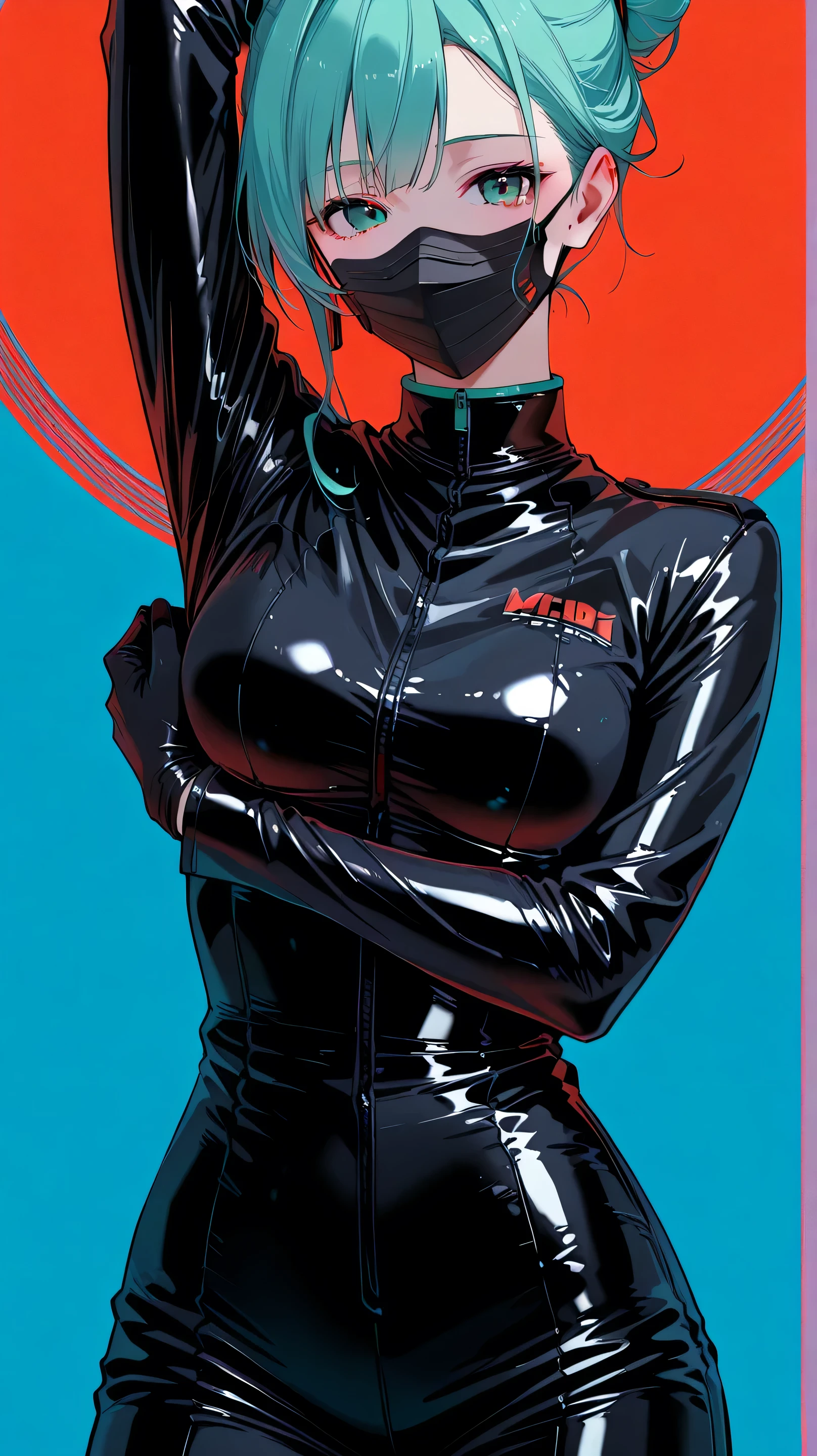 Hatsune Miku wearing a black latex jumpsuit, plain background, clean background, blue background, red background, black background,