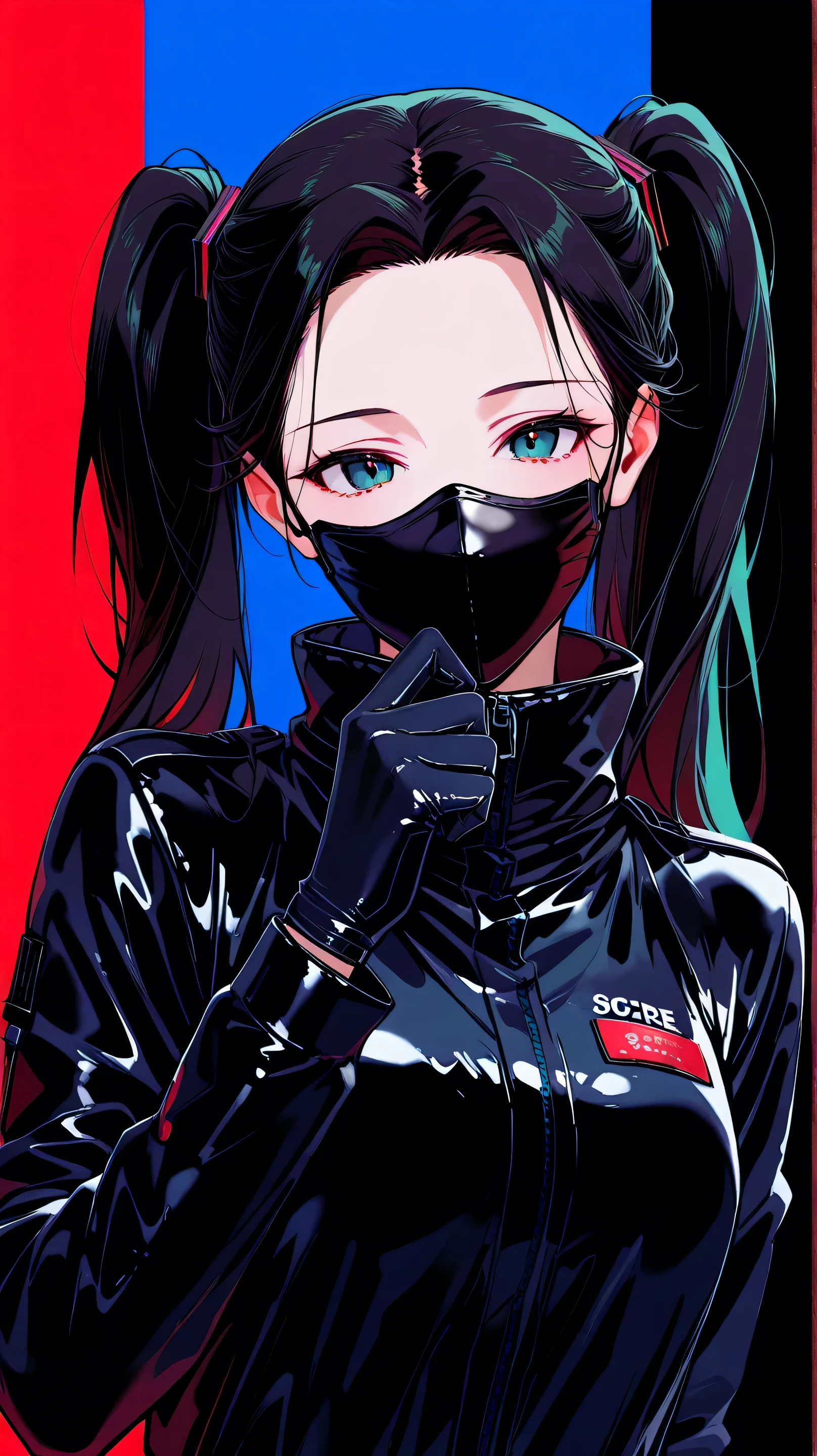 Hatsune Miku wearing a black latex jumpsuit, plain background, clean background, blue background, red background, black background, 