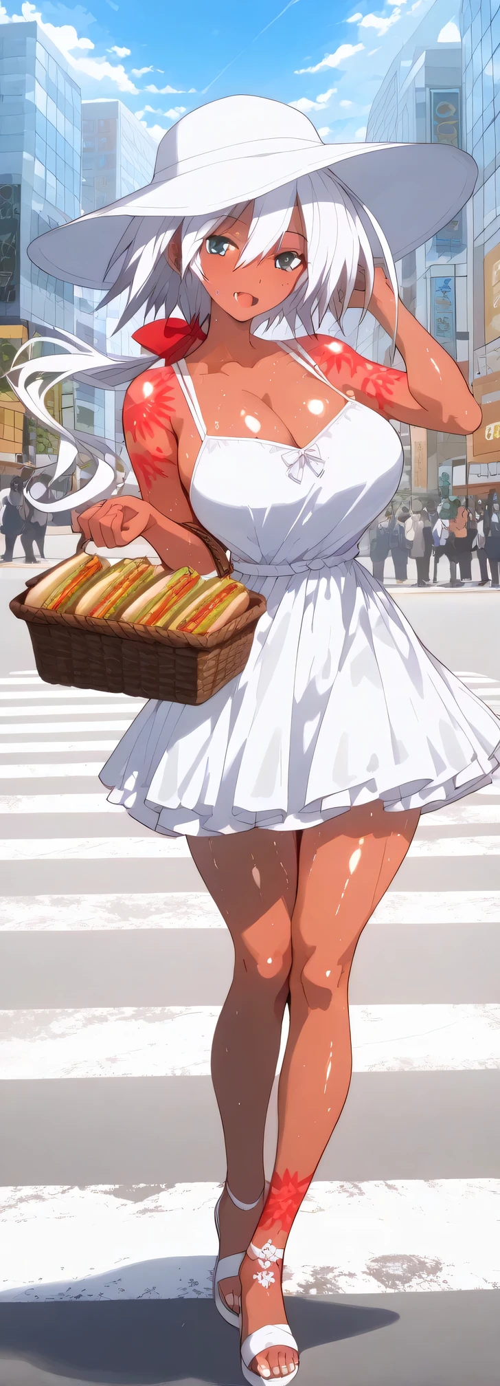 ,happy,fun,solo,fullbody,white simple dress,sleeveless, cleavage, white sandals, white wide brim hat with red ribbon,knees,(have a mini hand basket with sandwiches),hand on own ear, ankle tattoo,SFW,(22 year old female,Wendy crawford, dark-skinned female, white hair, short hair, ,long low ponytail,aqua eyes,,),BREAK,, ,(highest quality:1.2, Very detailed, Latest, Vibrant, Super Detail, High Contrast, masterpiece:1.2, highest quality, Best aesthetics) Anime style, Super Detailed, Masterpiece, Anatomically Correct,、huge breasts,,charming smile,open mouth,fang, blush,look at viewer,shiny skin,sweat,bleath,blush,,japanese design,hentai anime,excellent body lines, vibrant colors,shibuyaSK, outdoors, crosswalk, real world location, road, city, street, scenery, building, traffic light, sign, crowd,