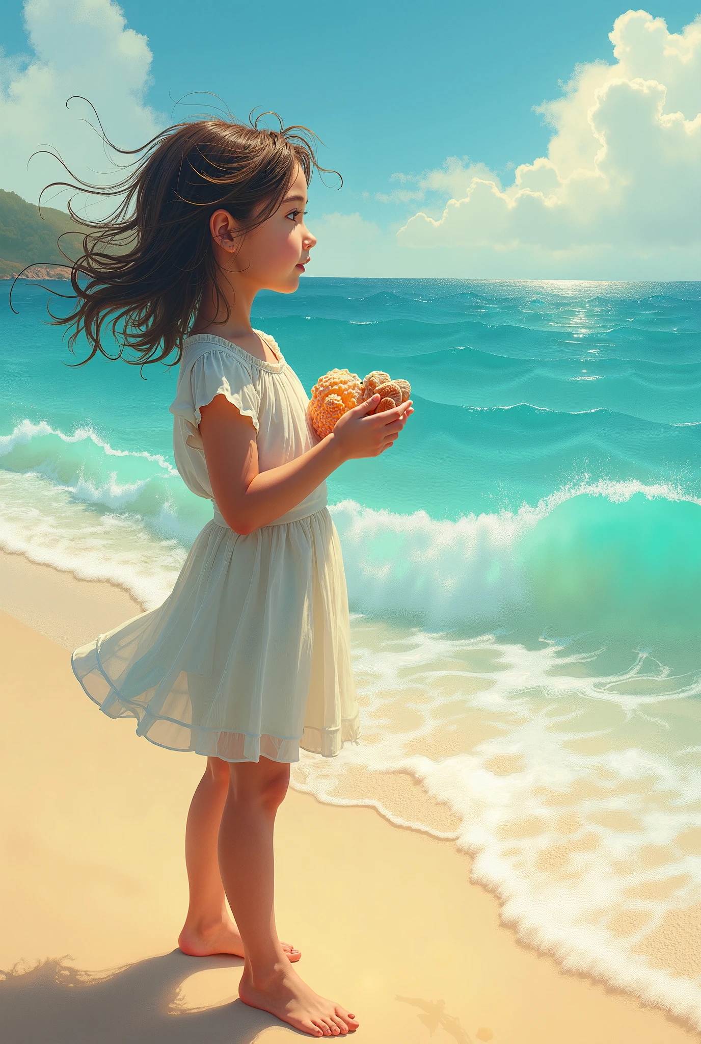 There is a girl standing on the beach holding a donut - SeaArt AI