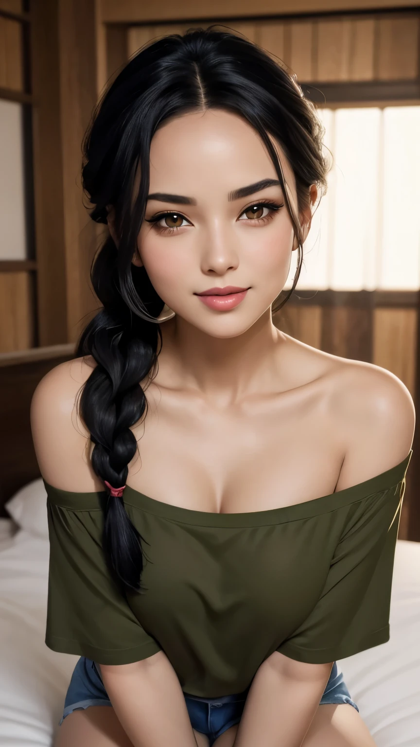 Sexy woman, black hair, single braid, long forehead, eyes closed, lips parted smiling, deepest blush, off shoulder olive green t shirt and blue short shorts, lying on bed, very seductive, aroused