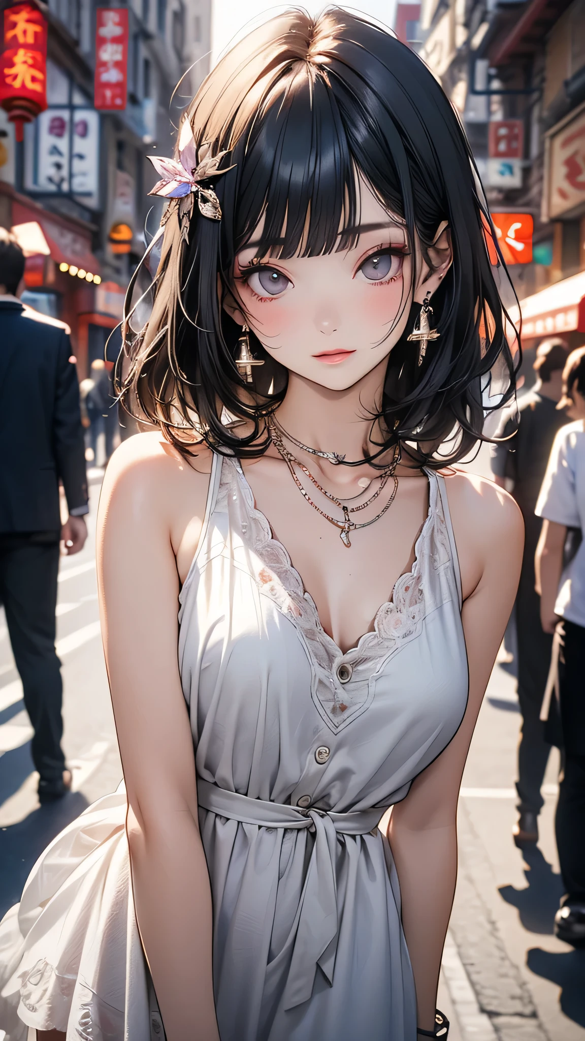 (Half Body Shot,Street lamp,moon),masterpiece, One girl, Solo Exhibitions, Beautiful woman with small breasts, Night beach, Beautiful Goddess Girl Portrait, Beautiful and elaborate face, Porcelain-like skin, (((Bust Shot, center, night, Black Hair, short hair)), Very soft lighting, Full Shot,Symmetric, complicated, grace, Attention to detail, realism, art, concept art,White clothes
