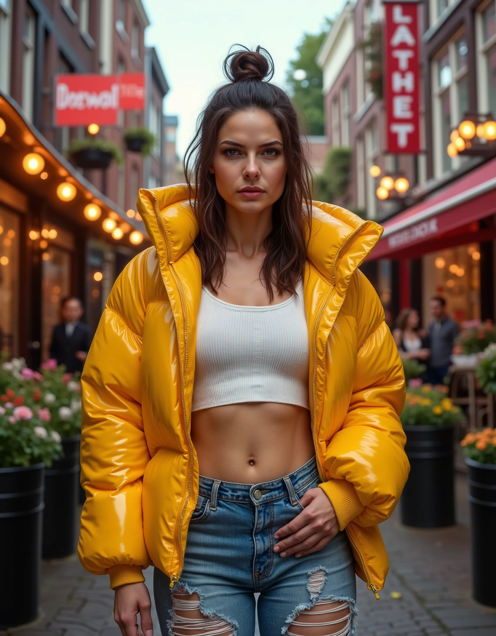 a gorgeous woman,, masterpiece, best quality, (photorealistic:1.4), (SHINY YELLOW CROP PUFFER JACKET:1.25), (white ribbed tank top:1.1), (blue ripped jeans:1.2), background posing in Amsterdam, red light district Amsterdam, beautiful flowers, sunny day, cinematic light, beautiful woman, detailed face, facing the camera, photo taken from a distance