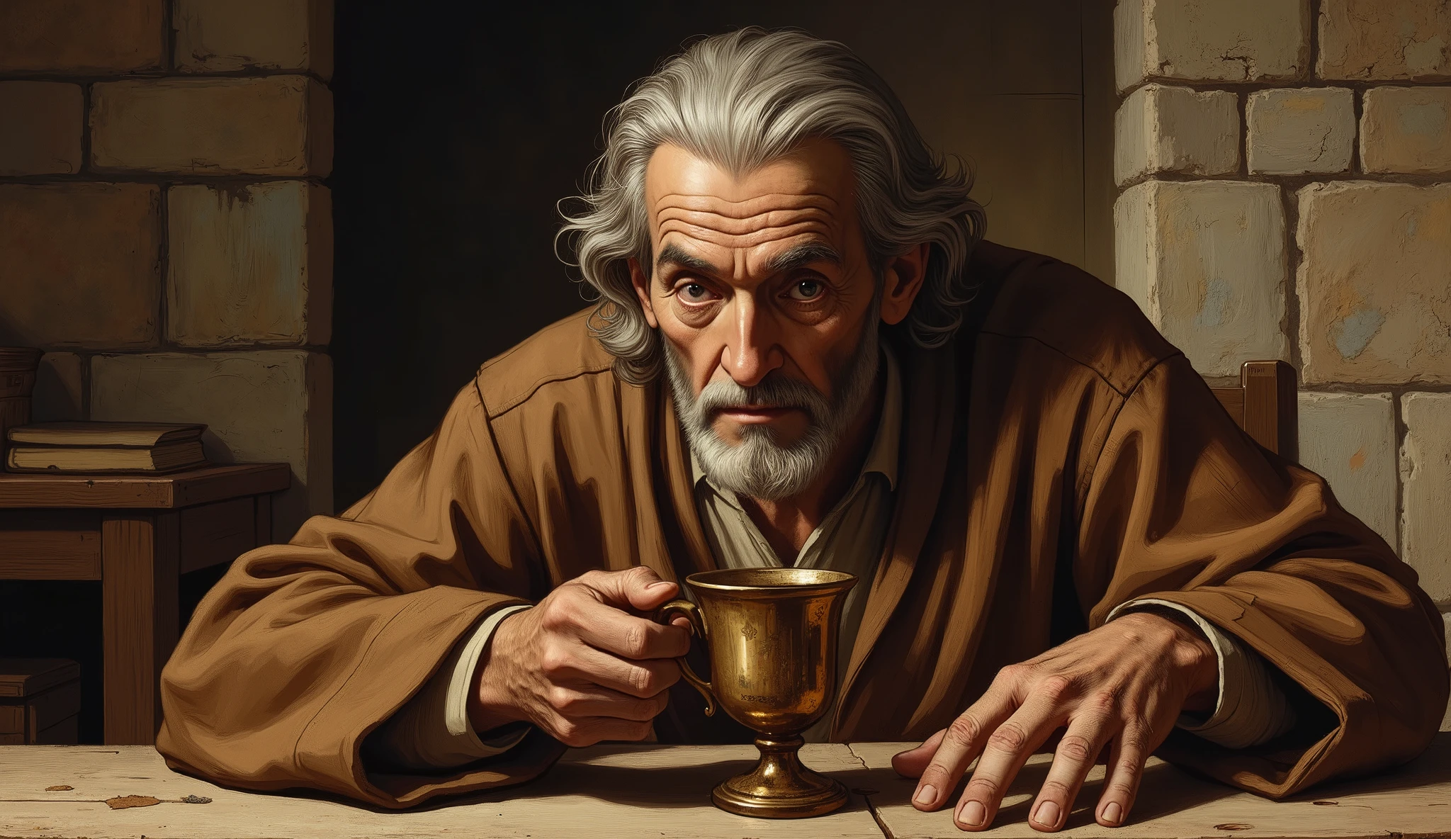 A painting, designed in a biblical style. The image features fine details typical of Renaissance paintings, reminiscent of classical religious works of art. A painting, designed in a biblical style. The image features fine details typical of Renaissance paintings, reminiscent of classical religious works of art. An elderly man with thinning gray hair, (((The man looks directly at the cup))). (((The setting is a room in an old house from the biblical era, with rustic decor from the time))), (((The walls are made of stone))), (((There is nothing nailed to the wall))). The camera films him from the front, recording his expression of astonishment. (((Clothing and setting from the time of Jesus Christ)))