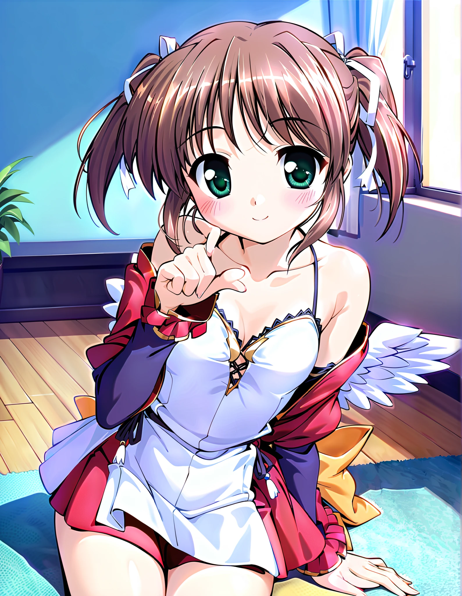 Asagiri Mai, Alone, (cowboy shot), brown hair , short hair, hair ribbon, twintails, green eyes, small breasts, ( cute angels), ( cute pose), (Red cheeks:1.2), cleavage, (bright smile:1.2), (indoor), score_9, score_8_superior, score_7_superior, source_anime, (best quality:1.2), 細部までこだわったanime, high quality , full color, 8k, high resolution
