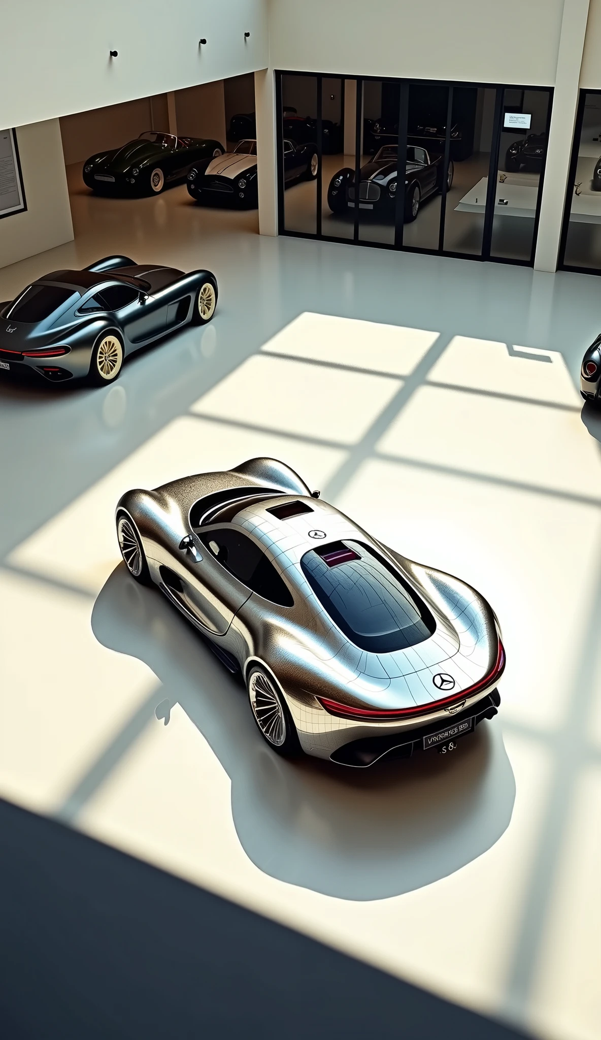 View from the second floor of a sleek chrome-finished a futuristic car Mercedes, displayed in a pristine showroom with large glass windows and reflective floors and emblem "JET CAR", surrounded by other luxury cars, illuminated by soft natural light streaming through overhead skylights, photorealistic style, ultra high-definition