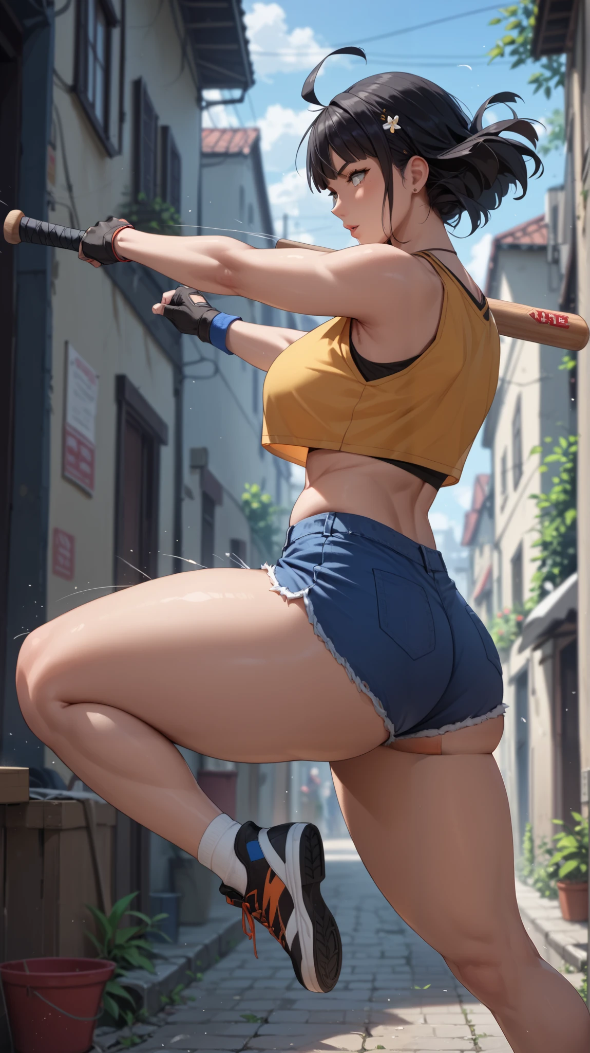 Score_9, Score_8_up, Score_7_up, Score_6_up, Score_5_up, Score_4_up, Source_anime, Tag1, Tag2, quality_masterpiece, Anatomically correct, Huge breasts, Wide hips, Huge butt, Thick thighs, Sensual woman, mature female, milf, motherly, Seductive, cleavage, Hinata, white eyes, black hair, hip-hop elements, BREAK action_swinging, pose_swinging, alley way, Crop top, Navel, swinging a baseball bat, Mini shorts, Looking at viewe