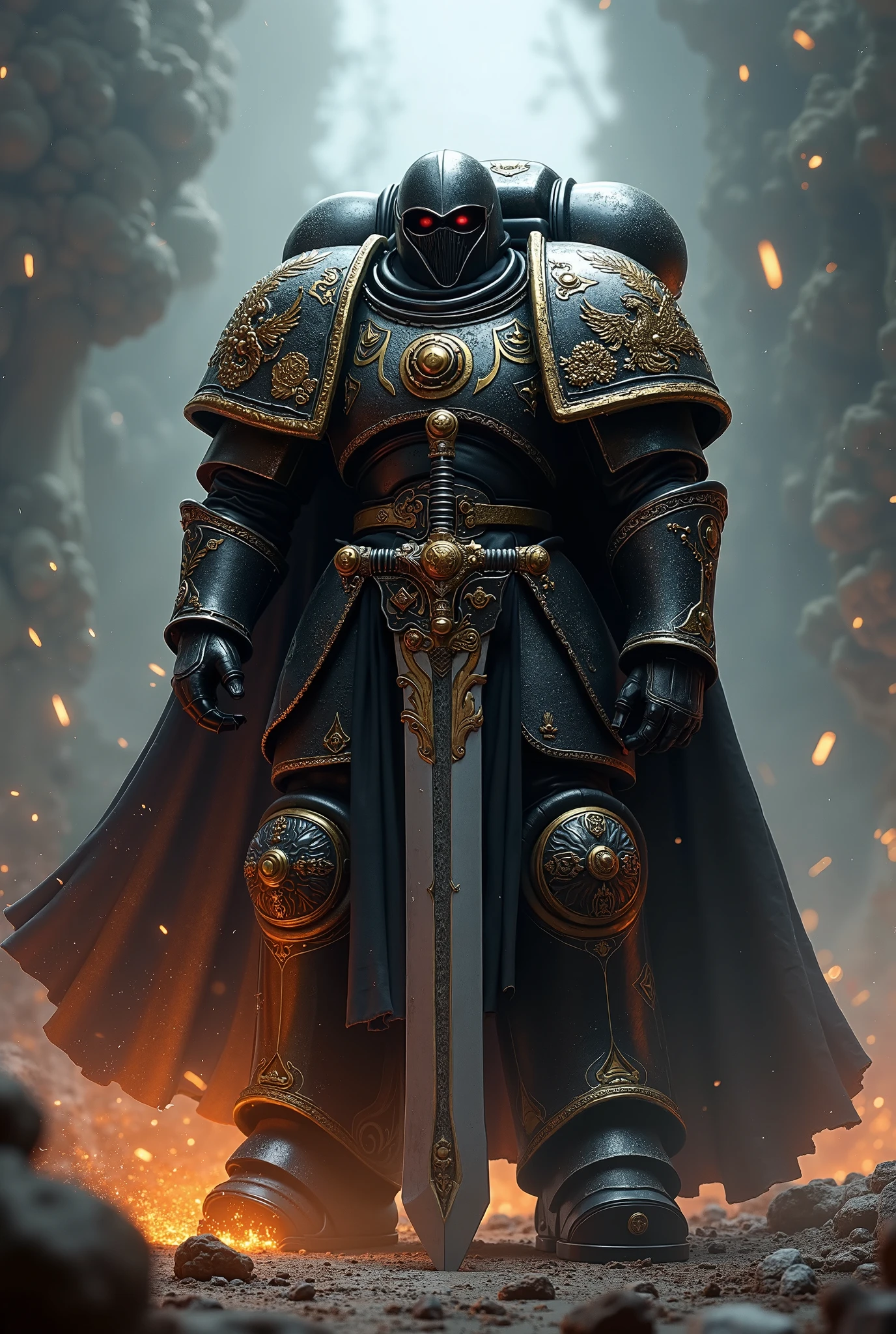 Arafed image of a man in a black and gold outfit with a sword - SeaArt AI