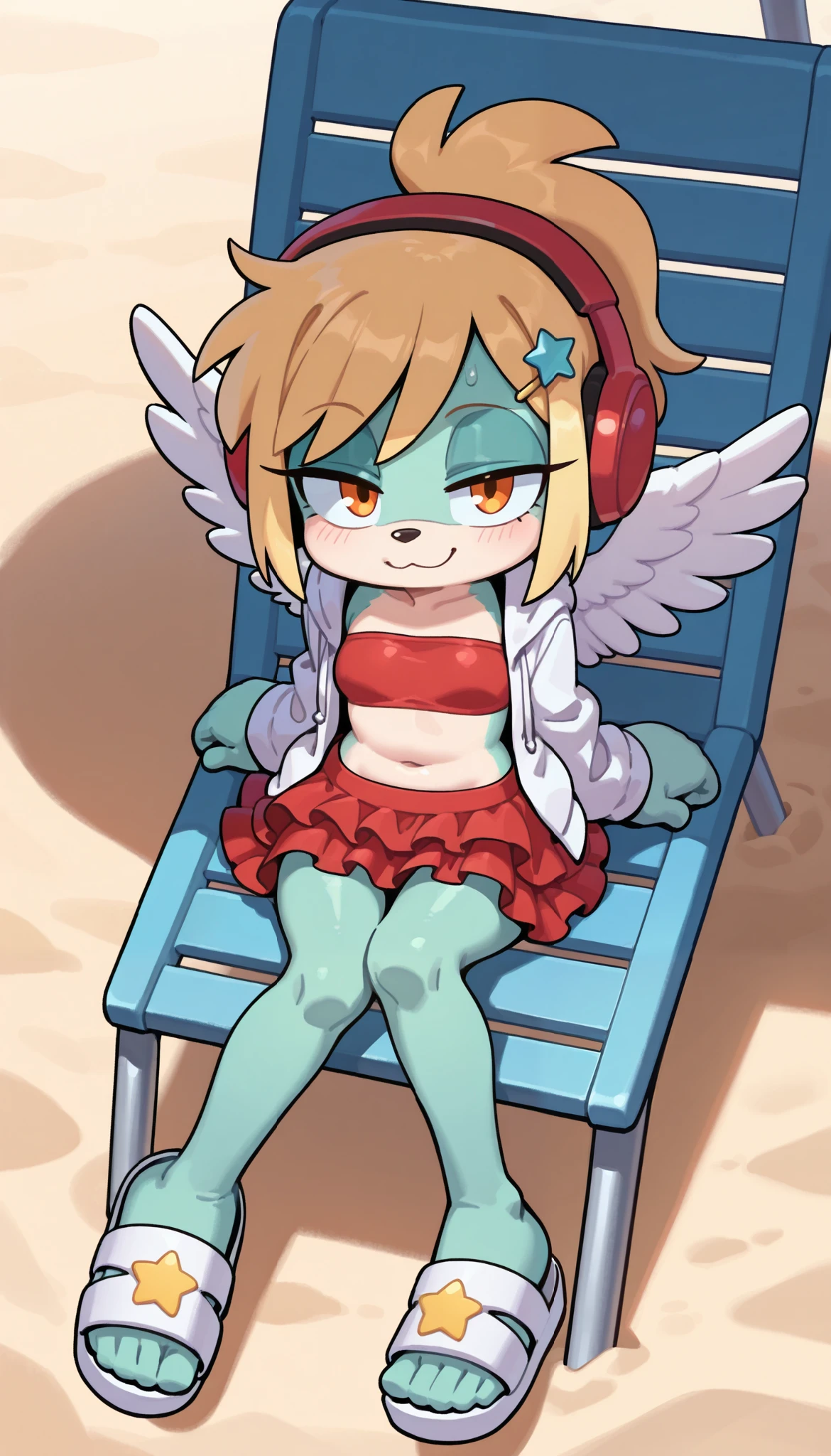 score_9, score_8_up, score_7_up, 1girl, solo, masterpiece, best quality, amazing quality, very aesthetic, absurdres, source furry, mobian dog, floop dog ears, half closed eyes, orange eyes, two tone body fur, turquoise body fur, beige body fur, blonde hair, messy bangs, long messy ponytail, seductive look, looking at viewer, smile, oily skin, eyeshadows, (short body, tiny body), big head, beach, closeup, ((feathered angel wings)), ((stars hairpin, red headphones, white jacket, open clothes, red frilly bundeau bikini, red frilly swim skirt, sandals)), tuft cheeks, navel, full body, feets with three toes, small breasts, :3, sit on beach chair, 