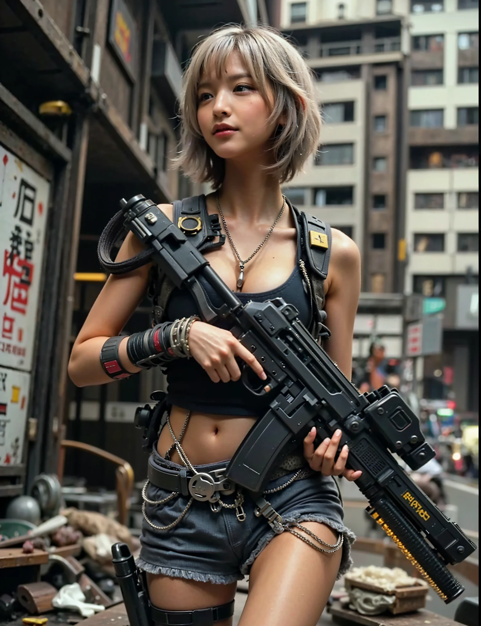 (Completely live action:1.37), (Amazingly realistic textures:1.37), (masterpiece, best quality:1.2), (8k uhd, 16k, 32k, ultra high res), amazingly realistic skin, amazingly realistic photo, superrealism, (photorealistic:1.37), (RAW photo), ultimately realistic, (ultimately realistic all details), (ultimately realistic all textures), super realistic lighting, super realistic shadow, (japanese girl:1.5), (realistic idol face), smiling, happy, super realistic face, ultimately realistic skin, ultimately realistic eyes, (mascara:1.35)ultimately realistic background, ultimately realistic detail up, (kkw-ph1:1.25), (Canon EOS R6, 85mm, 1/200s, f/5.6, ISO 1600), (tattoo), (mechanical armor:1.37), (blue eyes:1.2), (silver hair:1.3),