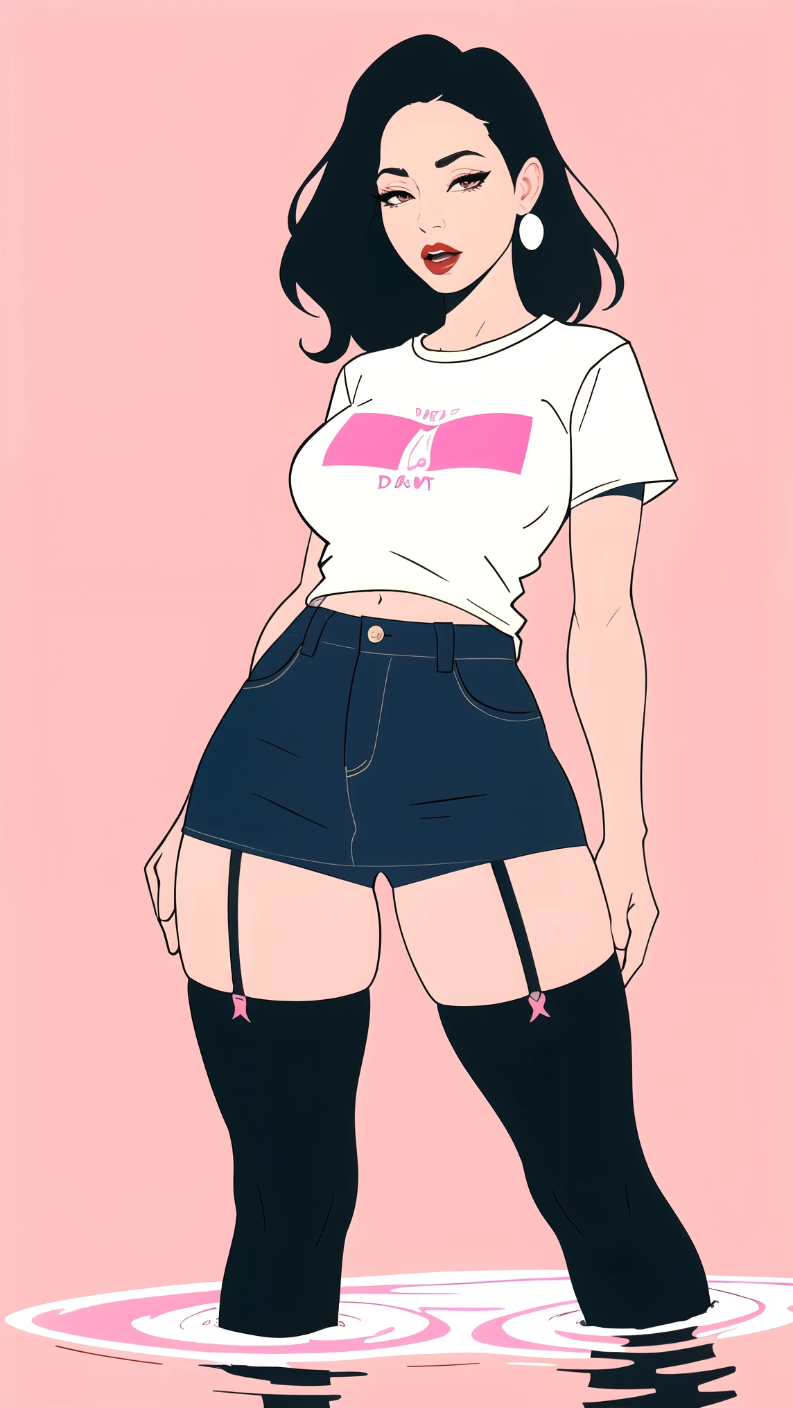 mature woman ,t-shirt, denim skirt, nylon stockings with garters, drowning in bog, red lips, simple vector image, pink background, orgasm drawning fashion posing