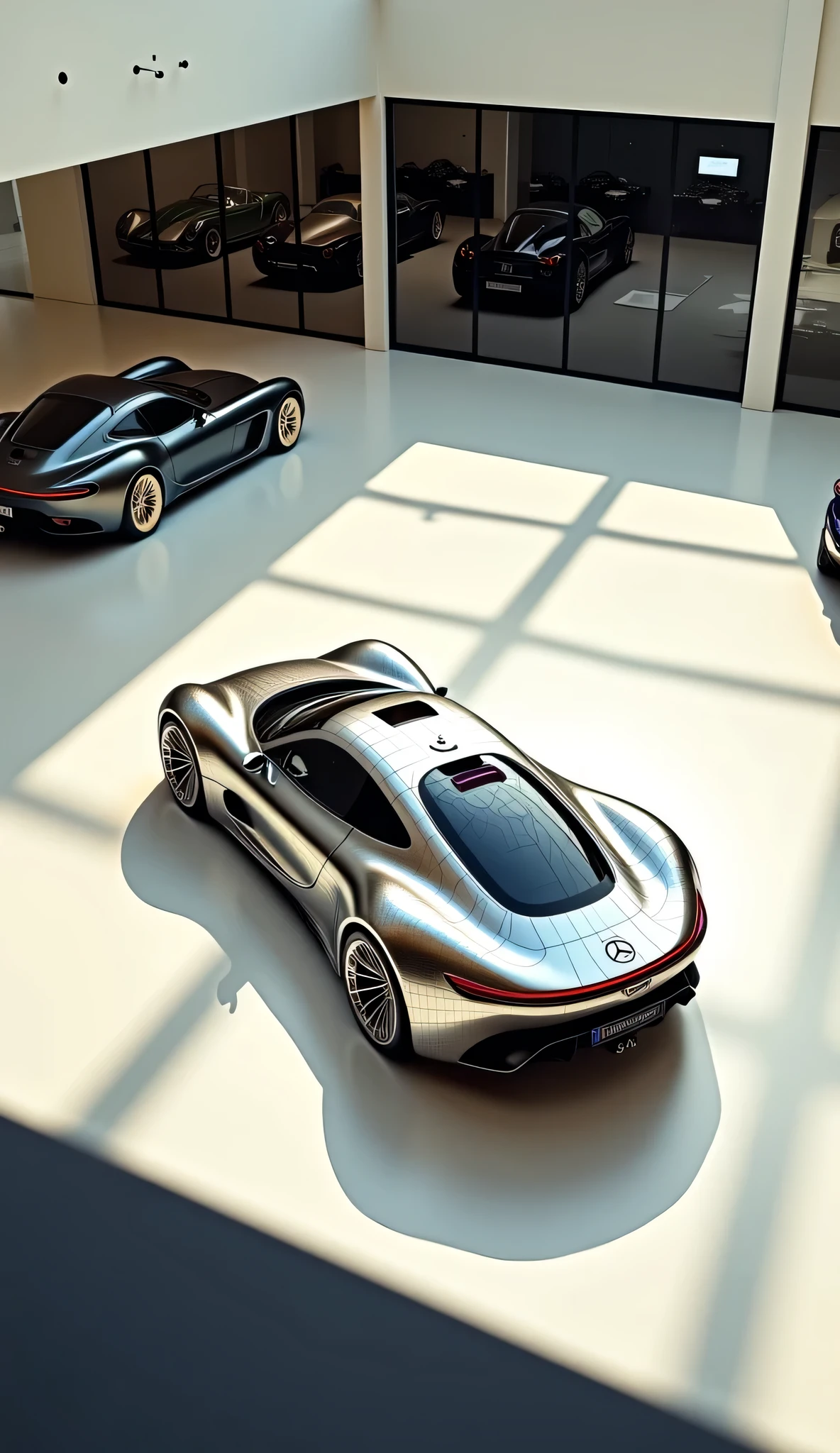 View from the second floor of a sleek chrome-finished a futuristic car Mercedes, displayed in a pristine showroom with large glass windows, surrounded by other luxury cars, illuminated by soft natural light streaming through overhead skylights, photorealistic style, ultra high-definition