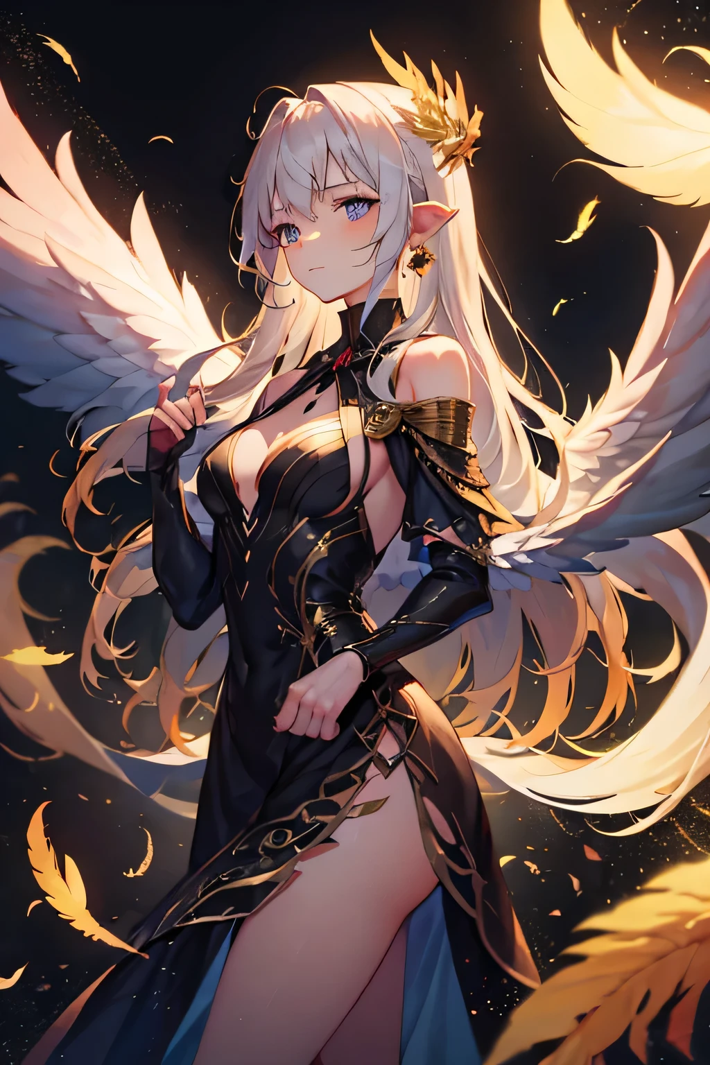 Tall guy, Long silver hair, Orange Eyes, white tight top, Blue Pants, Gold Elements, feathers, one wing, anger, 4k, HD, Good detail
